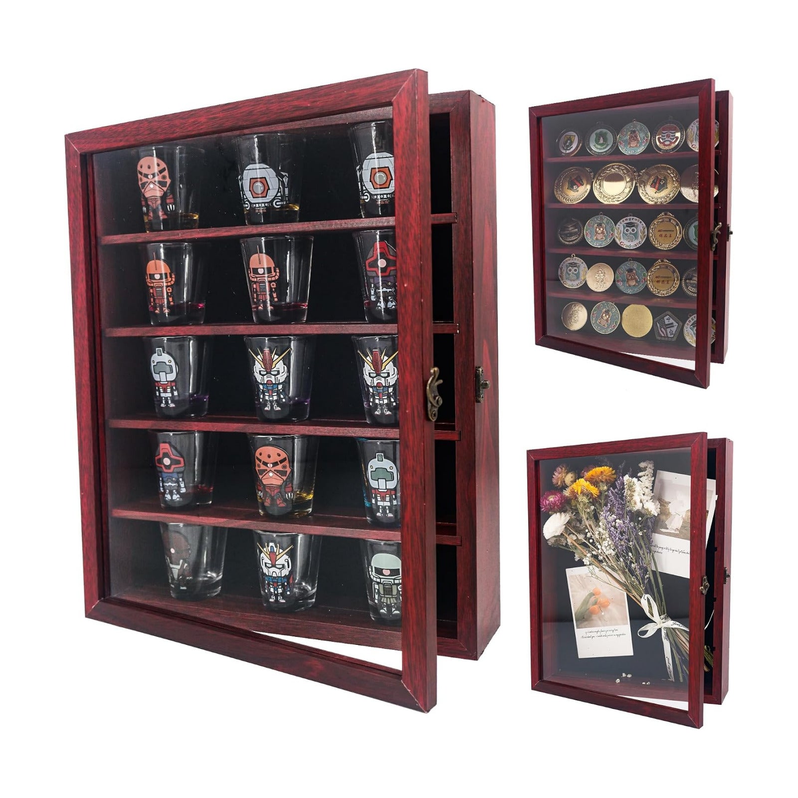 FramePro 11x14 Display Case with Adjustable Shelves Cherry, 4-Tier Memory Shadow Box for Wall, Deep Wooden Keepsake