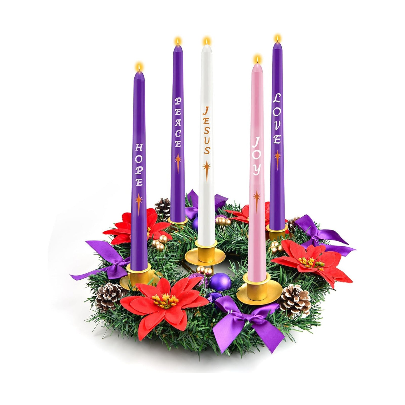 12 Inch Christmas Advent Wreath 5 Candle Holder with Metal Candle Cups for Taper Candles Fire Retardant Centerpiece