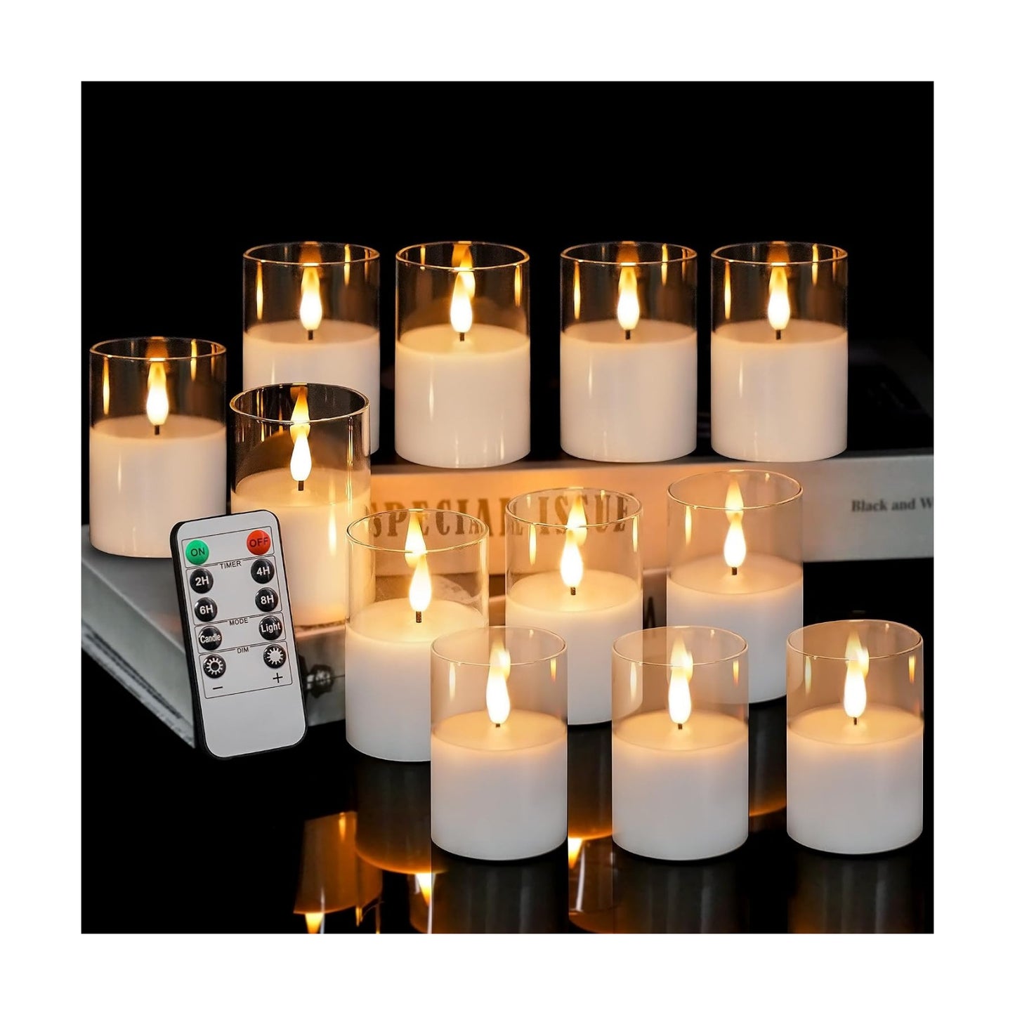 Glass Flameless Votive Candles with Remote, Battery Operated, 12Pack Clear | 2x3" Glass & Real Wax, 2/4/6/8H Timers, 2