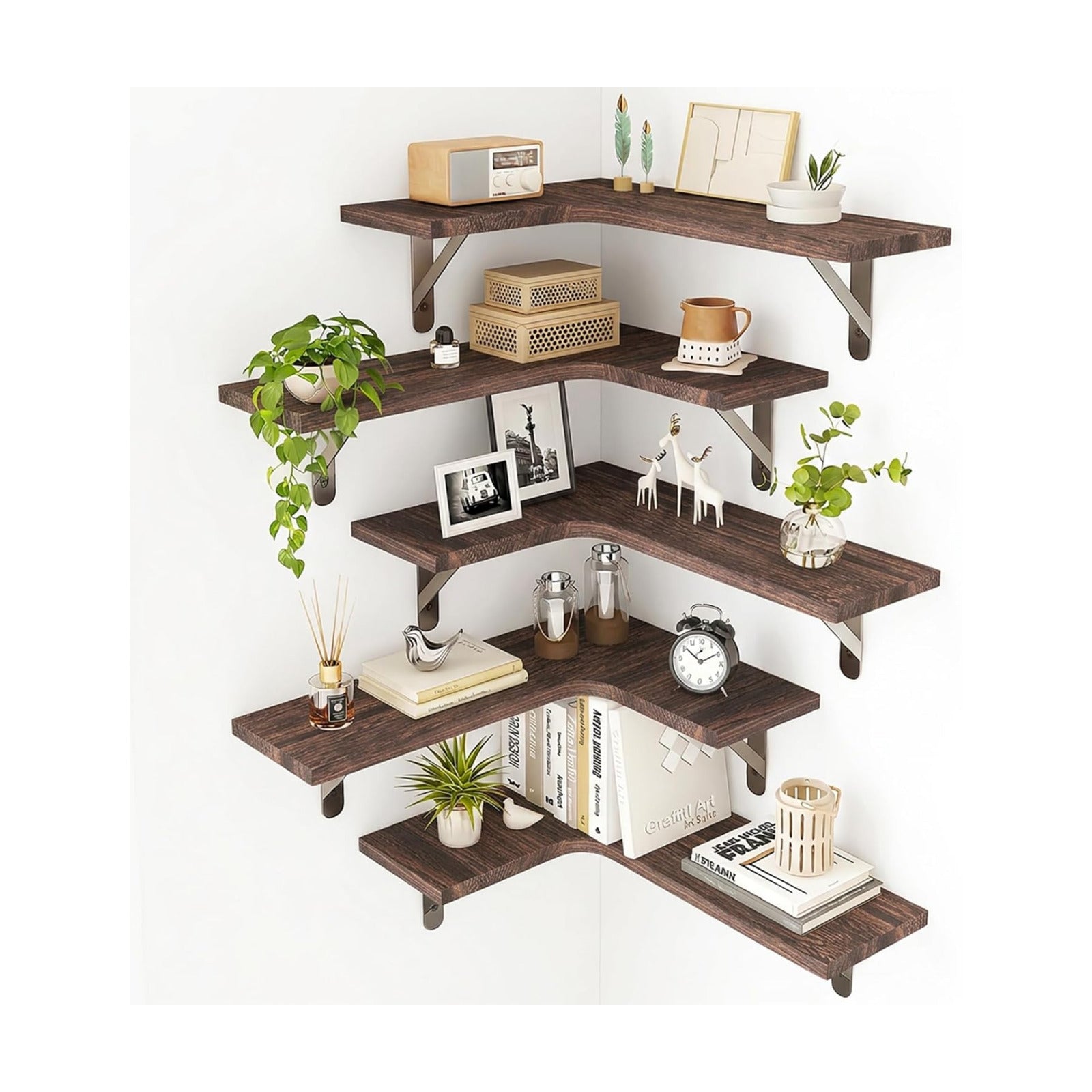 Fixwal Conner Shelves Wall Mounted for Decor, Walnut Brown Set of 5