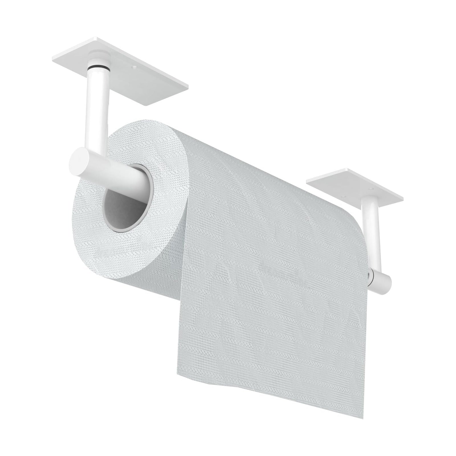 White Paper Towel Holder Under Cabinet Self Adhesive or Wall Mount | 304 Stainless Steel Post Pivoting Design No