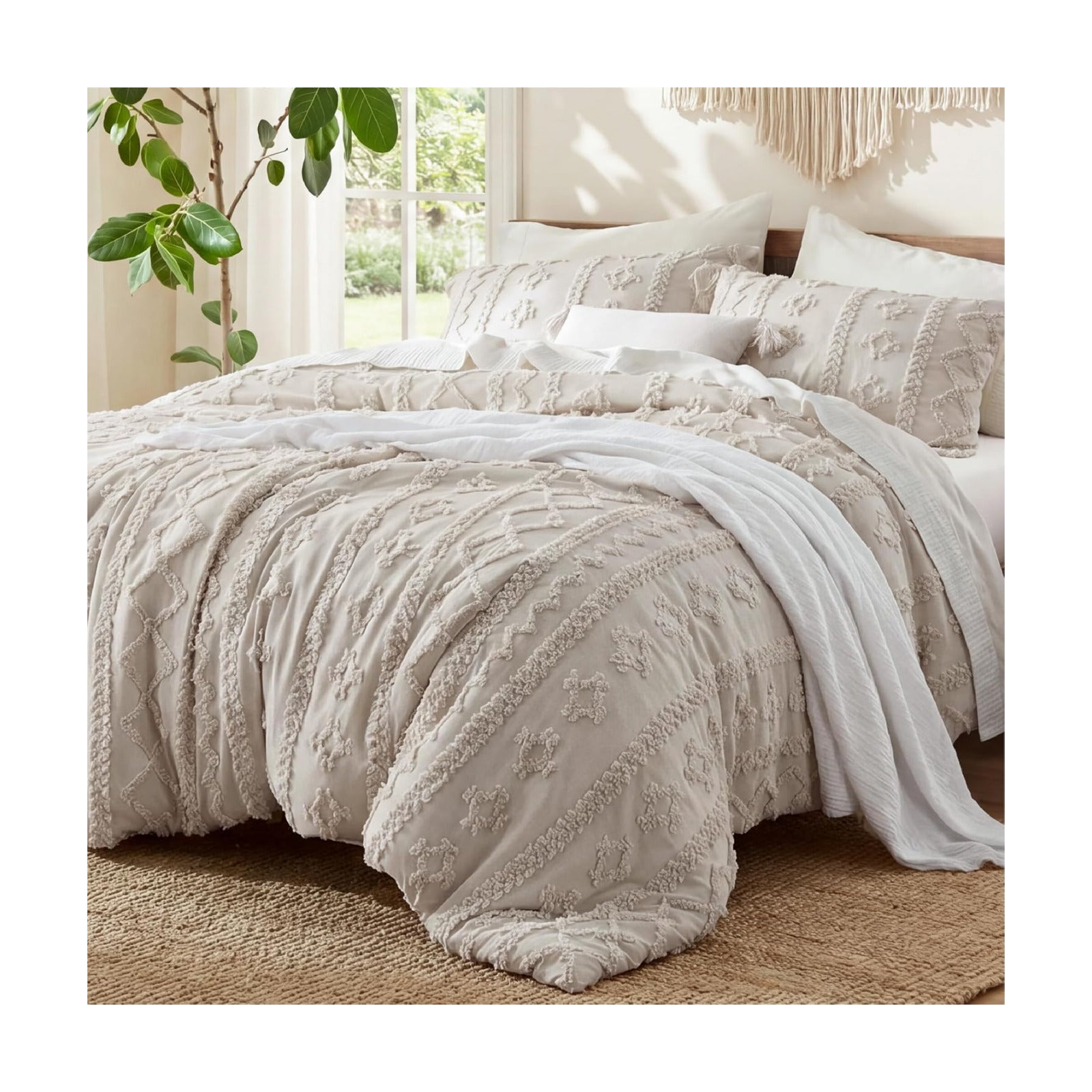 Bedsure Tufted Boho Comforter Set Twin Size - Linen Boho Bed Set, GentleSoft™ 2 Pieces Farmhouse-Style Embroidery