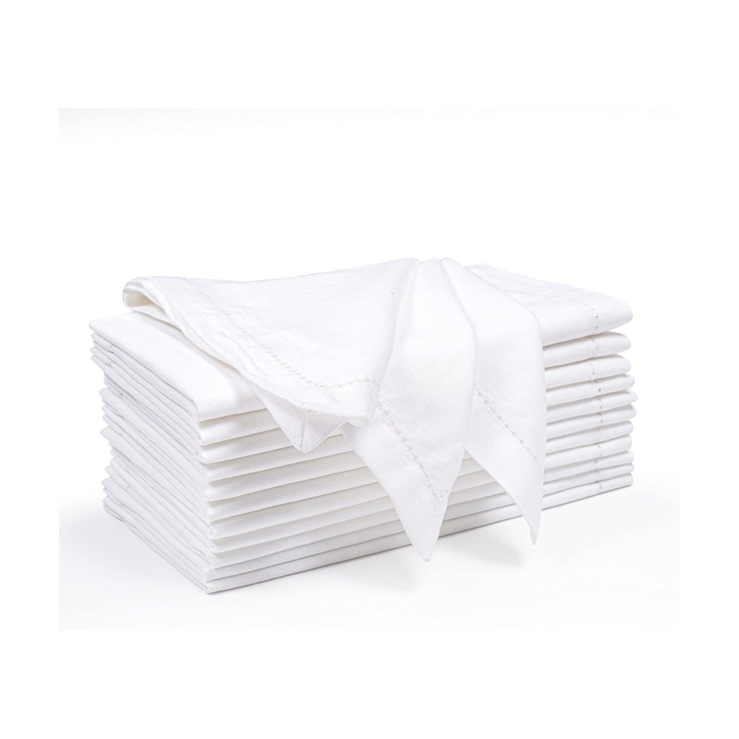 Ramanta Home White Linen Cloth Dinner Napkin Set of 12, 18x18 Inch | Reusable Dinner Cotton Washable Hemstitched Linen