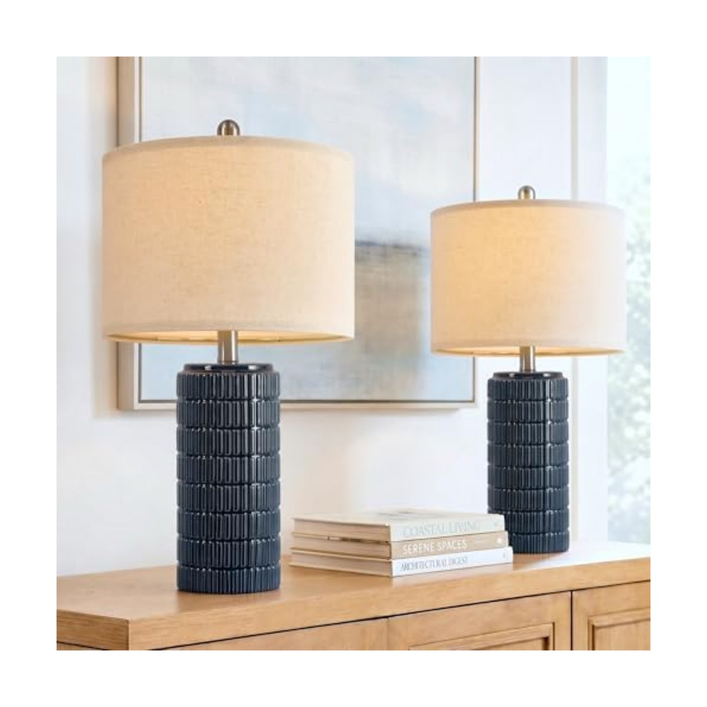 PoKat 23" Blue Table Lamps, Farmhouse Bedside Lamps for Bedroom Set of 2, Ceramic End Table Lamps for Living Room