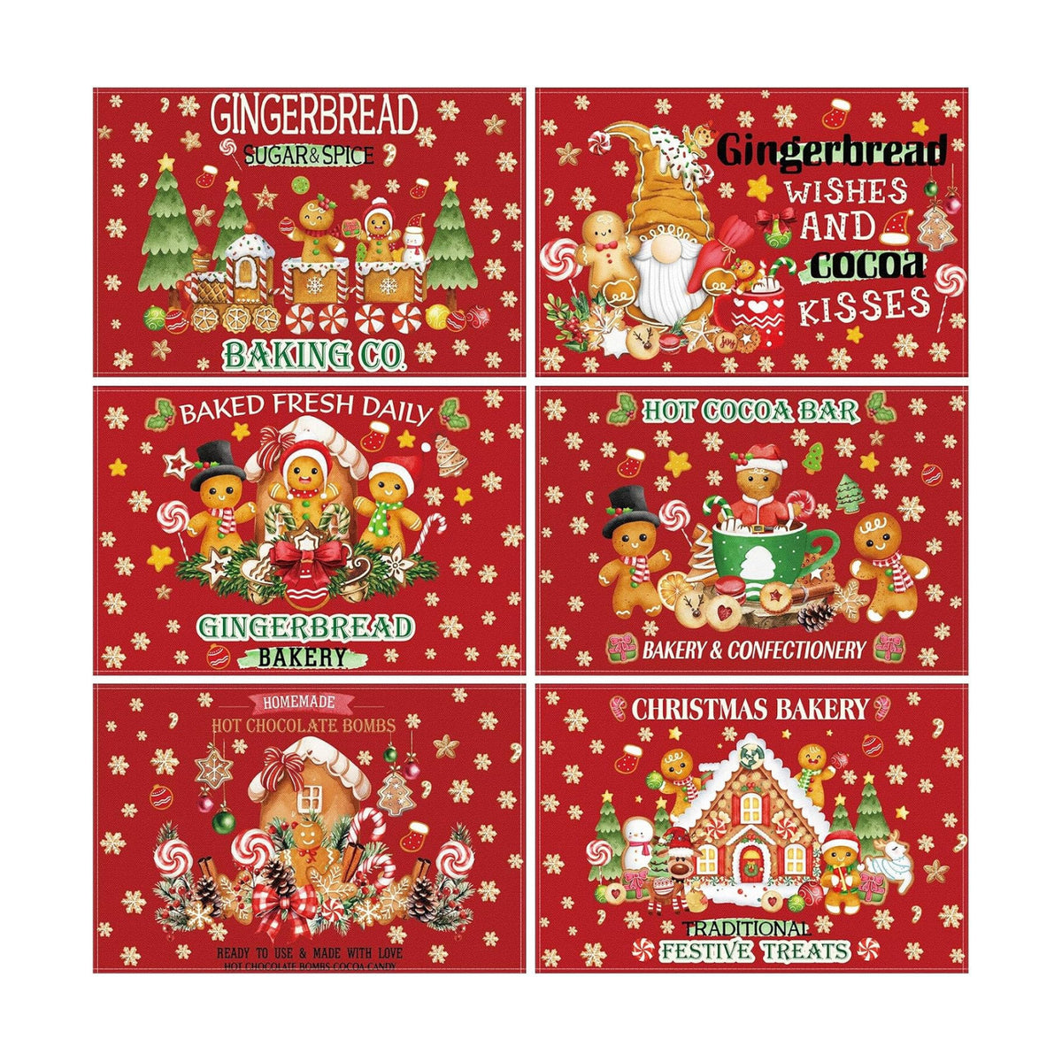 Hushee 6 Pack Christmas Gingerbread Man Placemats 12x18 Inch Washable