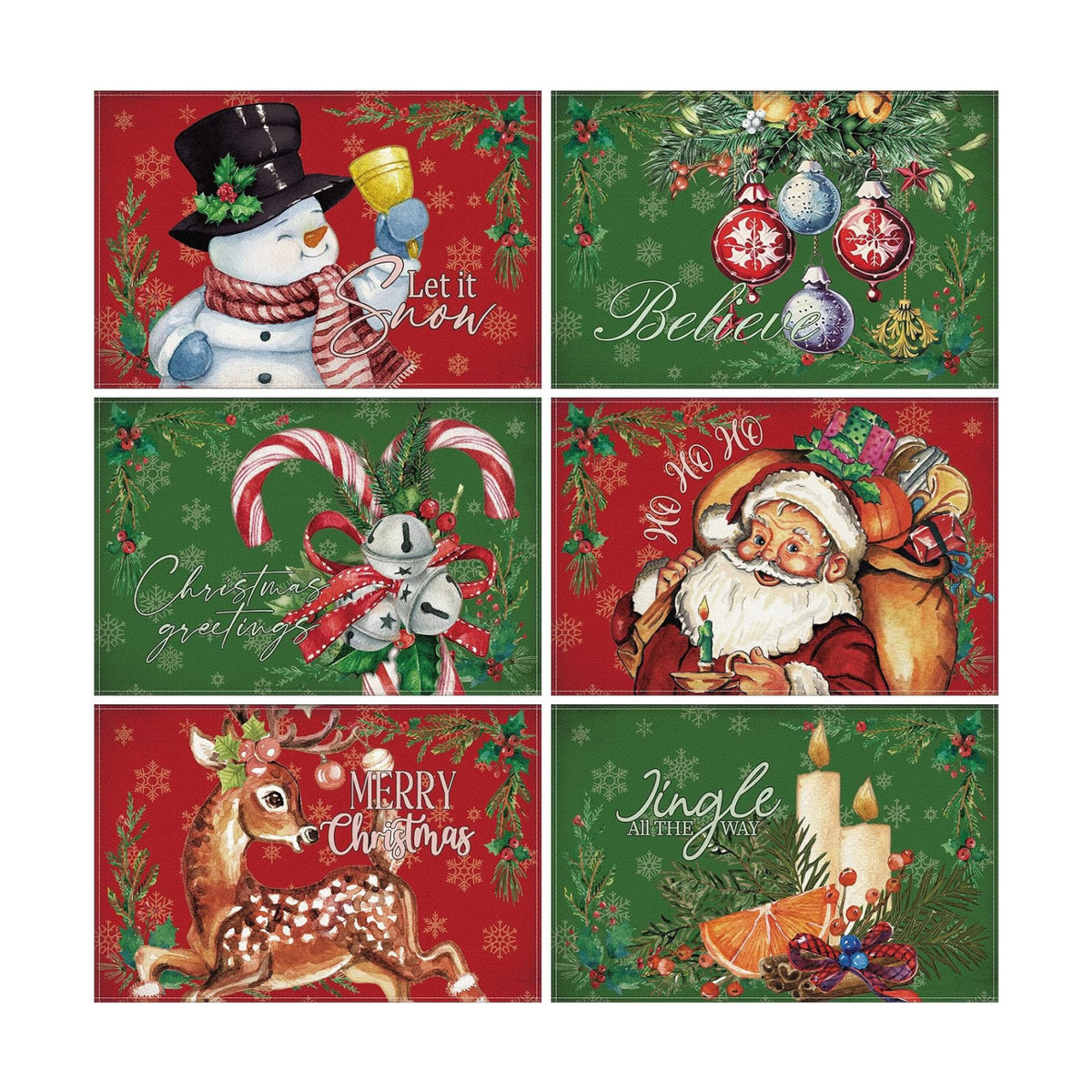 Hushee 6 Pcs Christmas Placemats Retro Santa Snowman 12x18 Inch