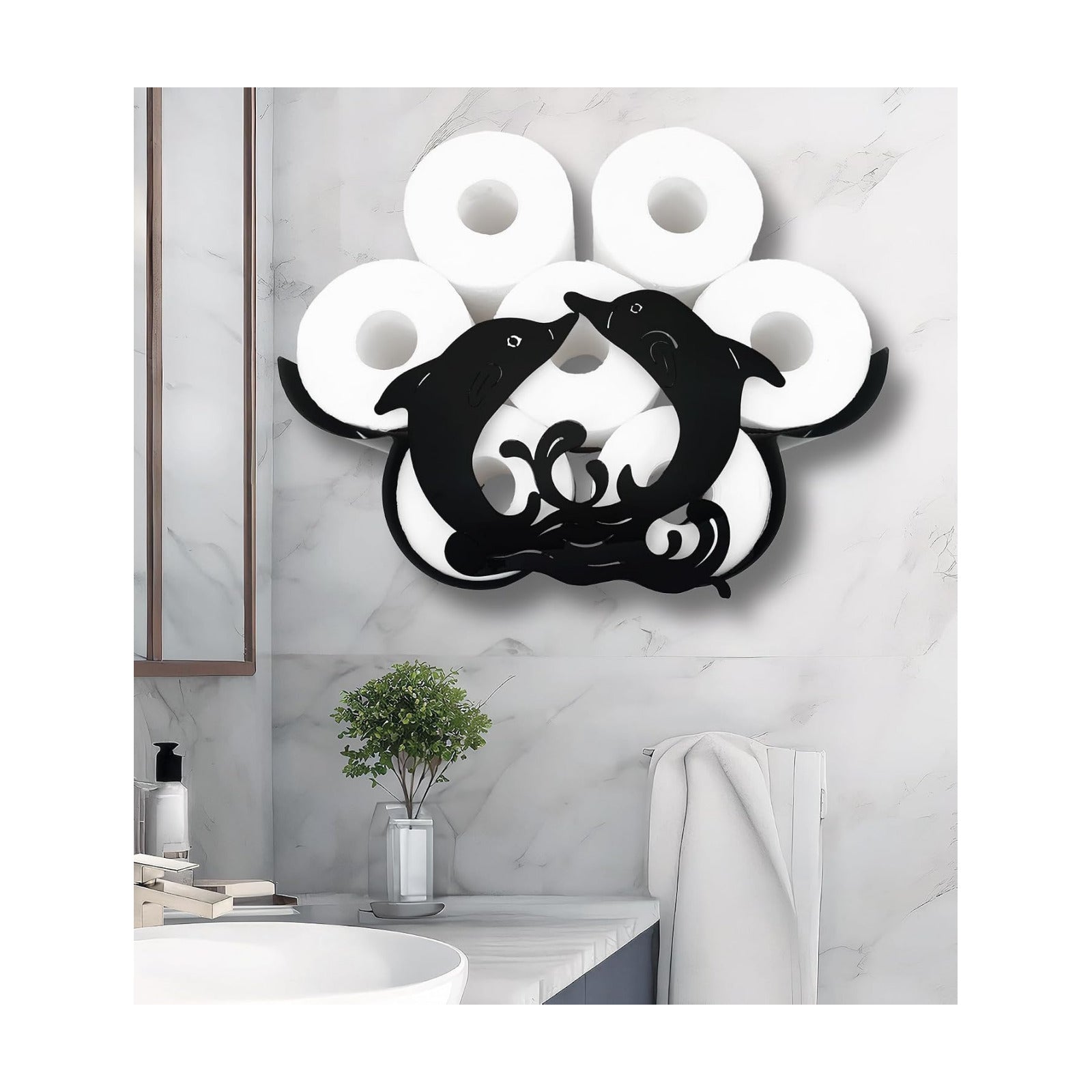 Dolphin Wall-Mounted Toilet Paper Holder: Stylish Bathroom Storage for 8 Rolls, Decorative Metal Design, Corrosion