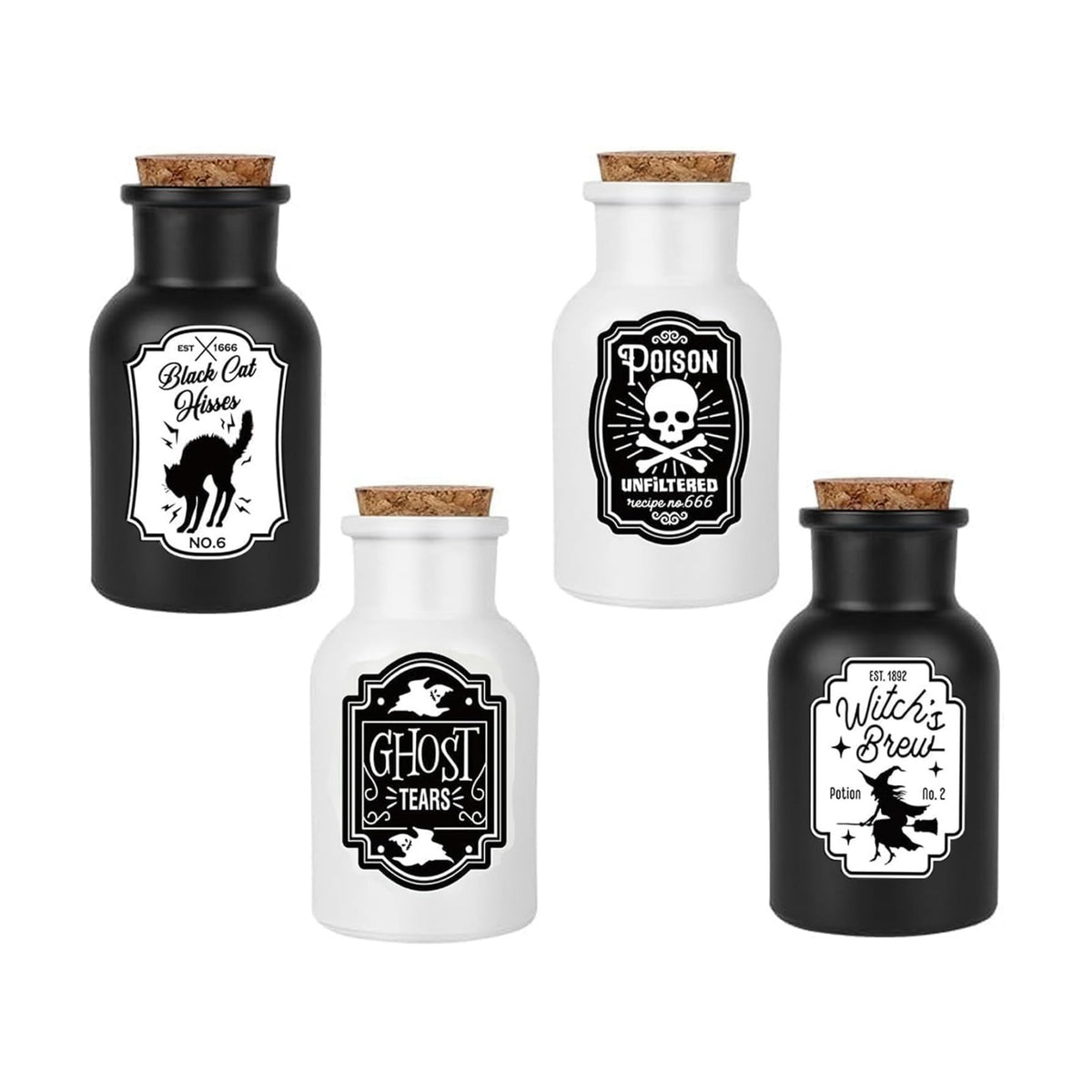 Sarybei Halloween Decorations for Home - Set of 4 Apothecary Potion Bottles with stickers - Scary Witch Poison Ghosts Black Cat Farmhouse Tiered Tray Decor For Home Table Party Supplies