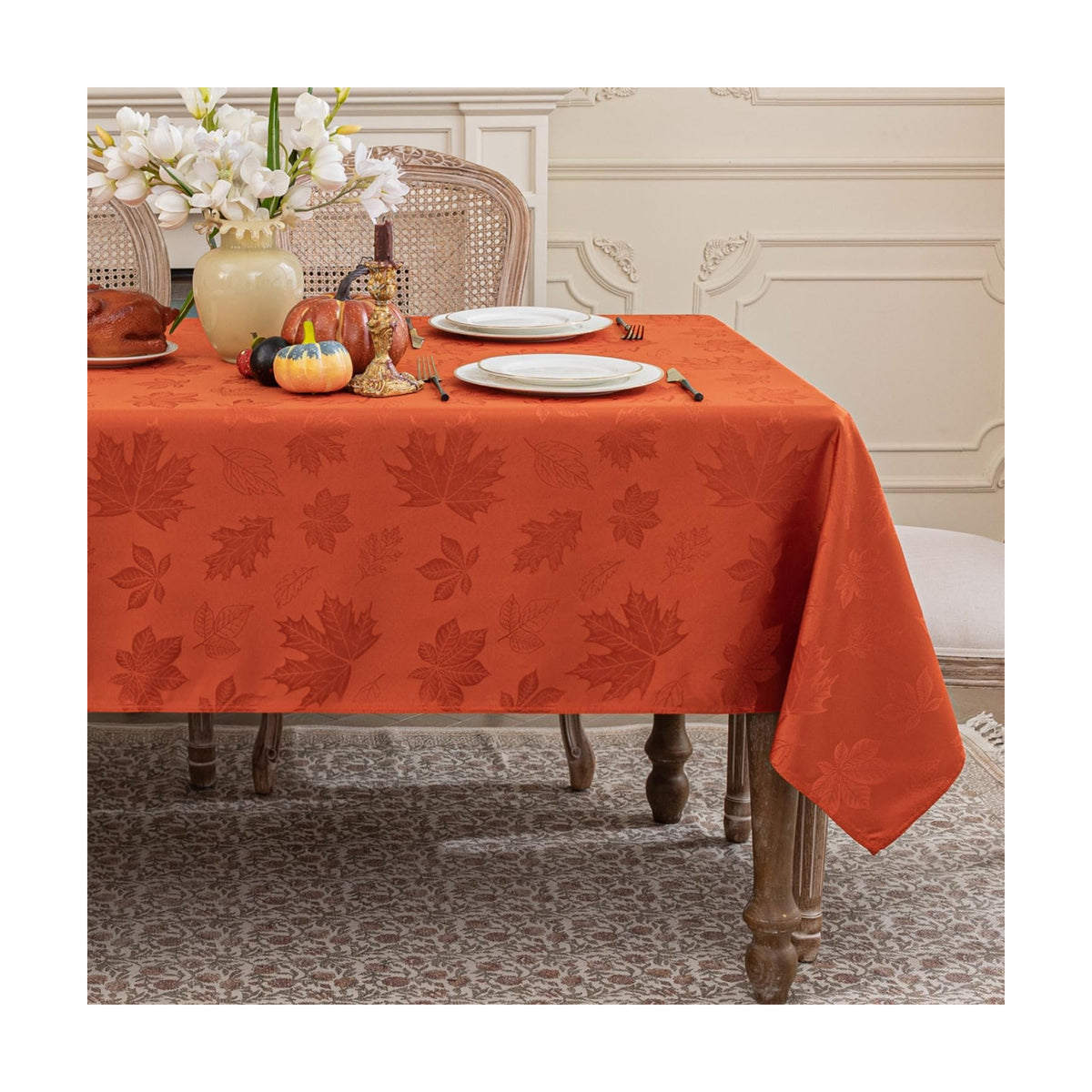 Softalker Fall Jacquard Rectangle Tablecloth, 52 x 70 Inch Burnt Orange
