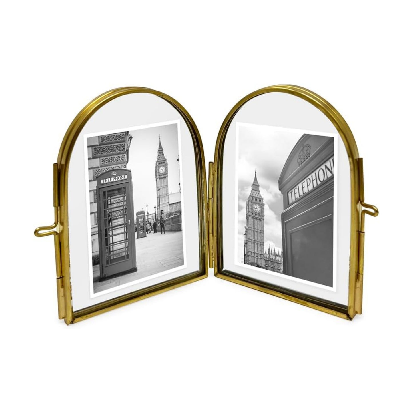 Double-Sided Arched Brass & Glass Metal Floating Picture Frame / 2 x 3 / Antique Gold
