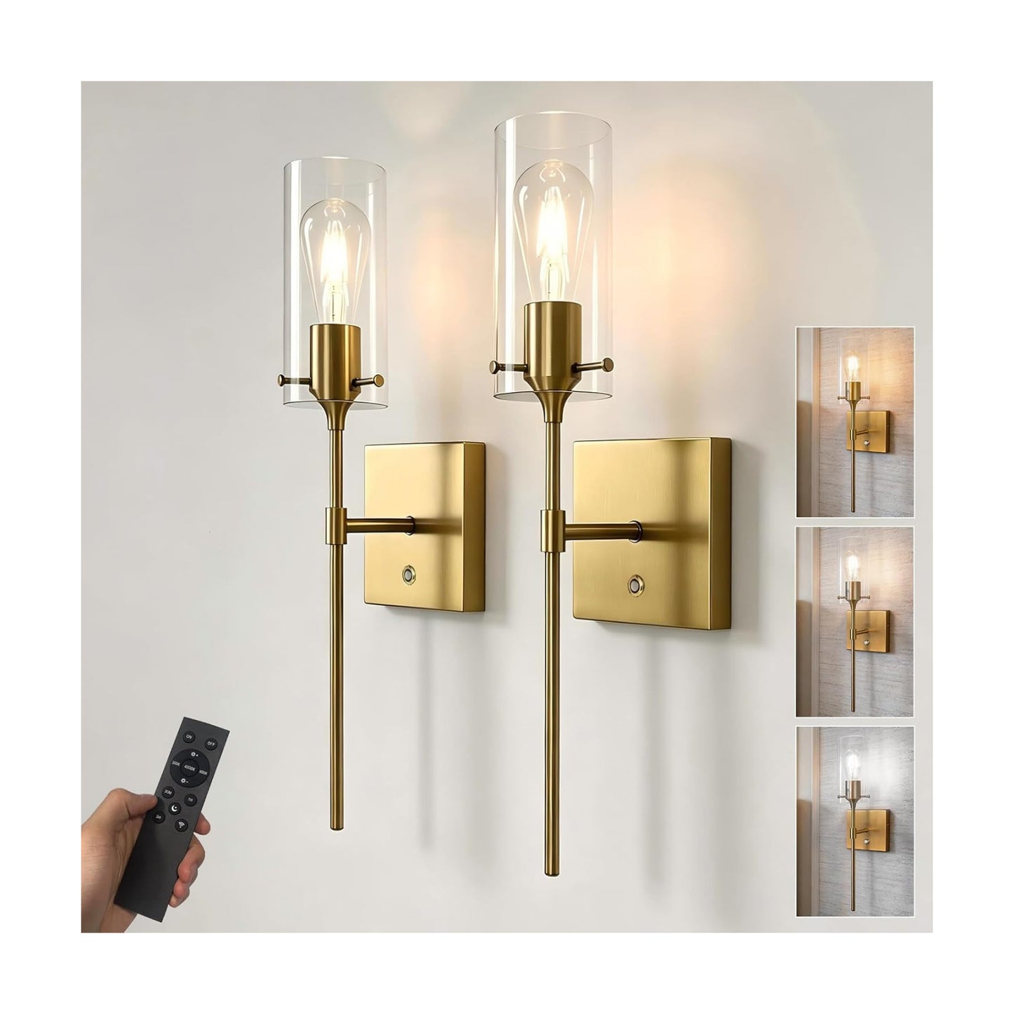 Battery Operated Wall Sconces Set of 2 with Remote Control, Gold | Dimmable 3 Colors, Wireless Rechargeable Wall Lights
