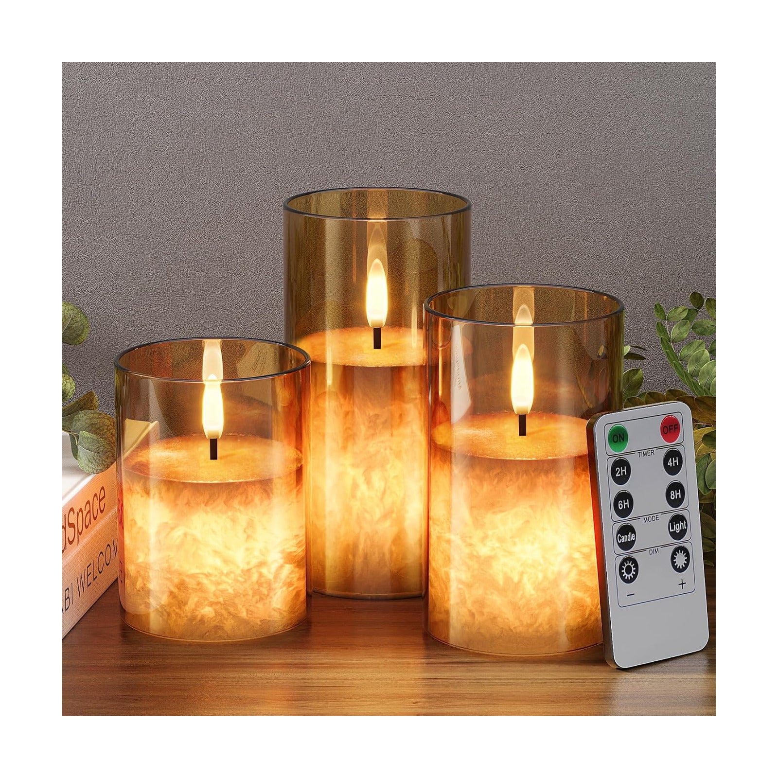 Battery Operated Flameless Candles with Remote & Timer, Gold Glass 3Pack | Real Wax Crystal Texture, D3×H4/5/6"