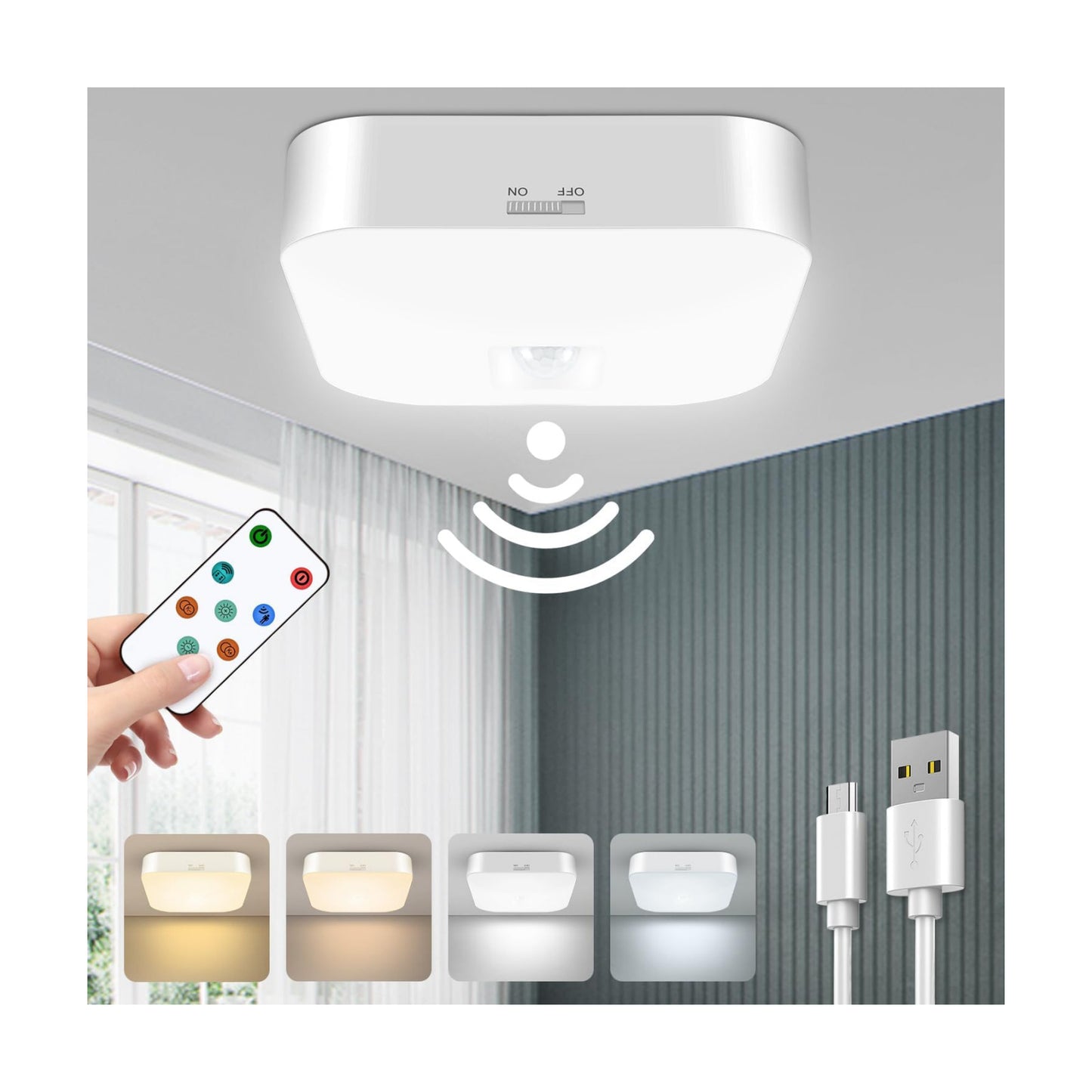 Rechargeable Motion Sensor Ceiling Light with Remote, Wireless, 3000K-6000K | Battery Operated, Motion Activated
