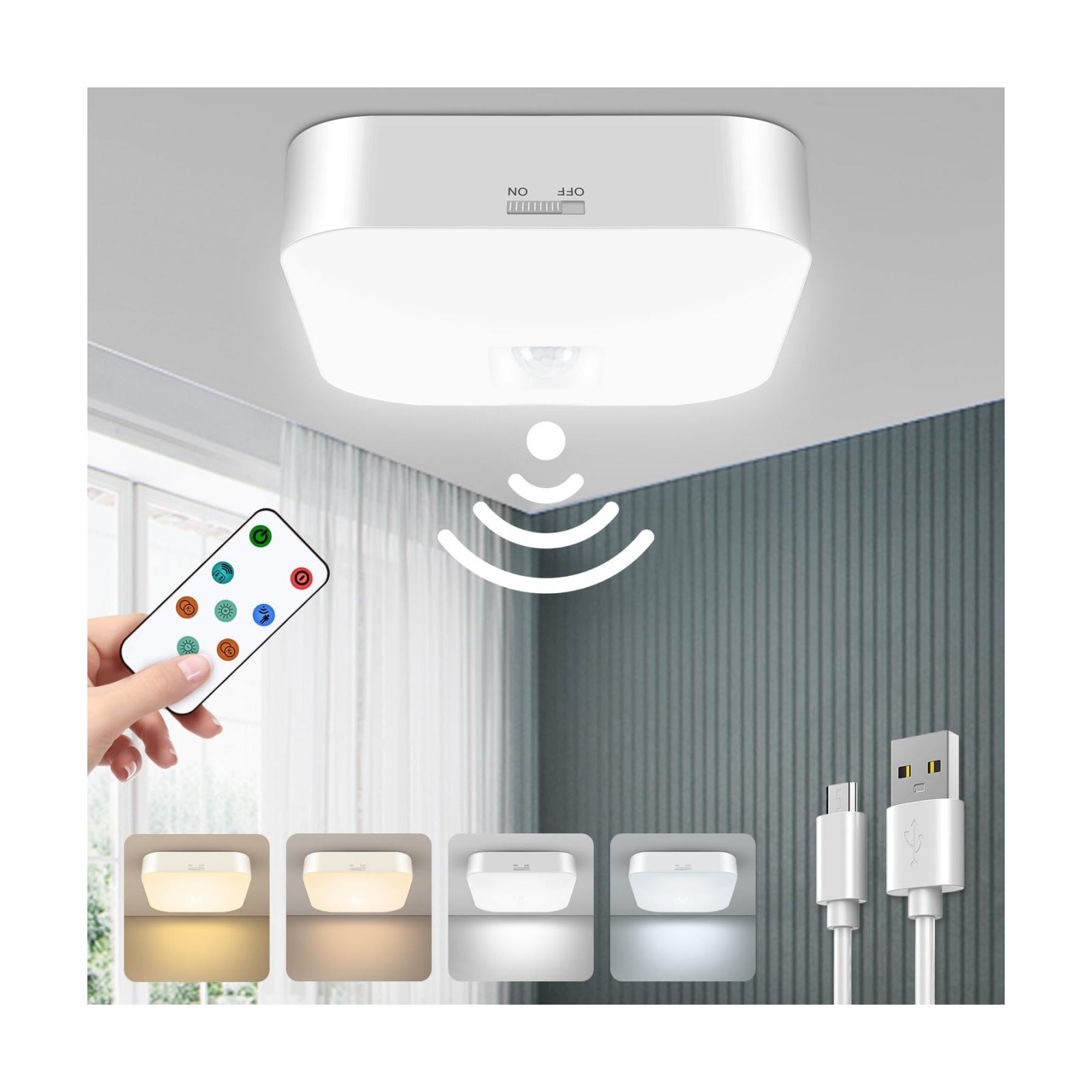 Rechargeable Motion Sensor Ceiling Light with Remote, Wireless, 3000K-6000K | Battery Operated, Motion Activated