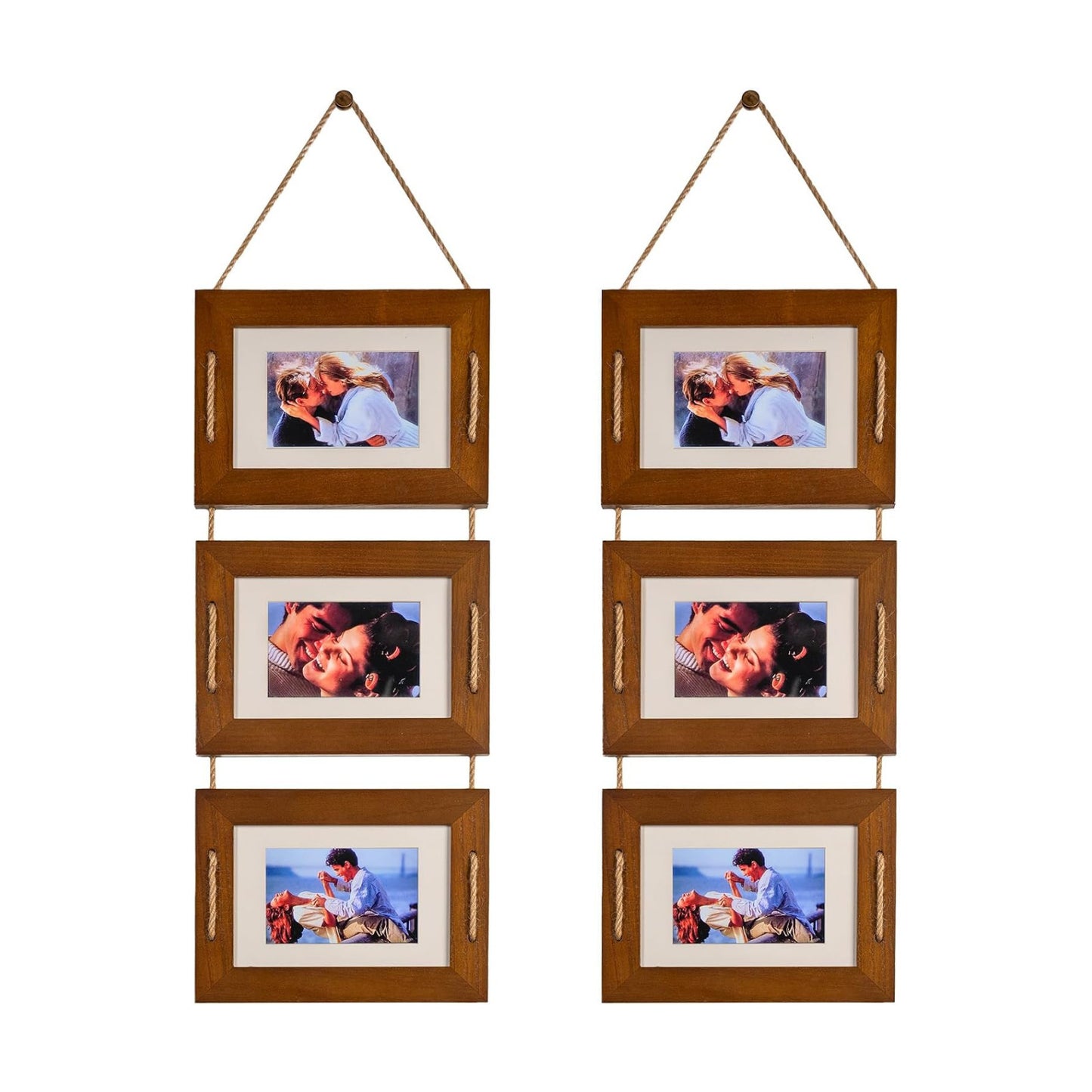 DLQuarts 5x7 Hanging Picture Frames Collage Wall Decor, 3 Opening 5x7 Matted to 3.5x5 Photo Rustic Wood Frame, Dark