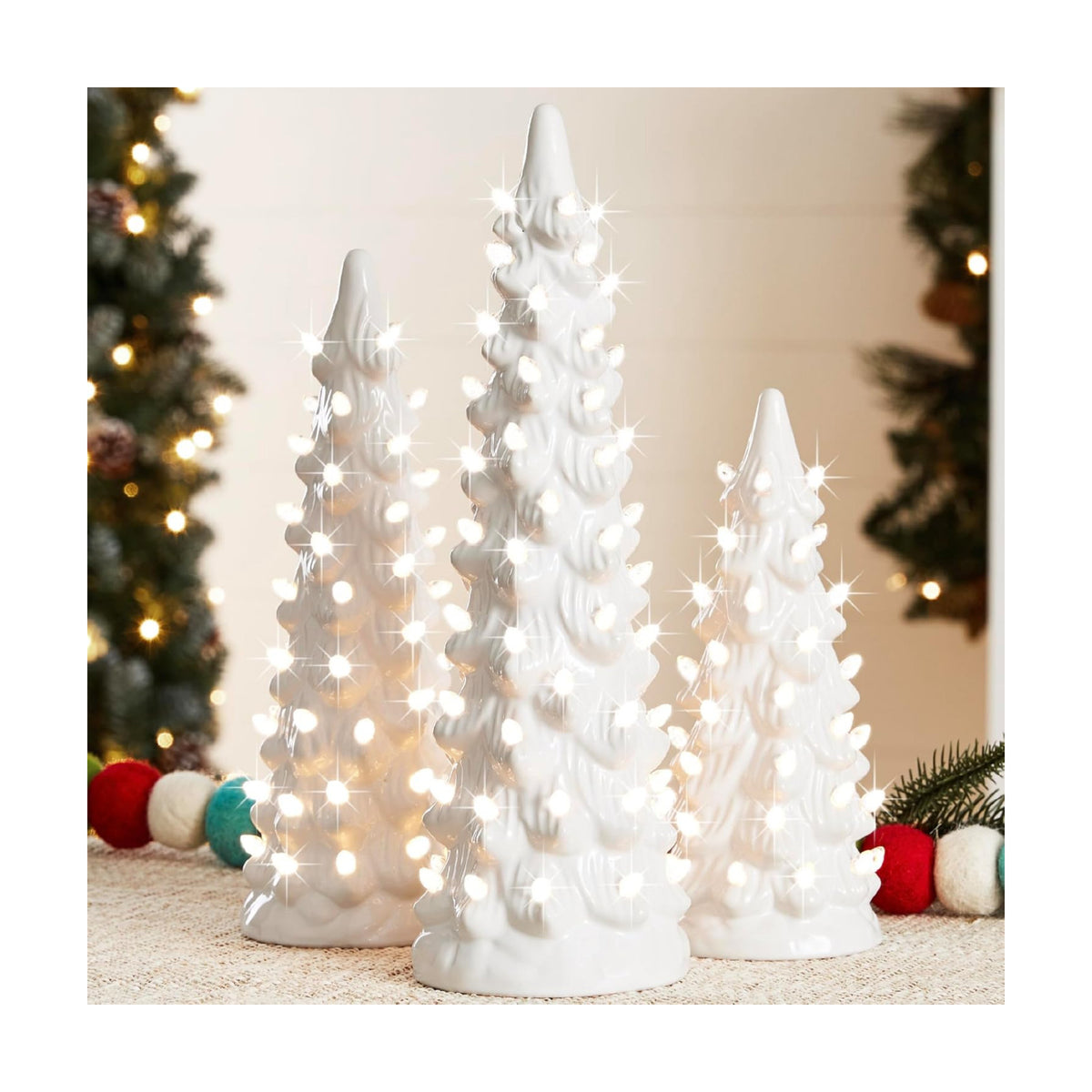 Best Choice Products Set of 3 Ceramic Christmas Trees, Pre-Lit Hand-Painted Tabletop Holiday Decoration w/Warm White Bulbs, LED Lights – White