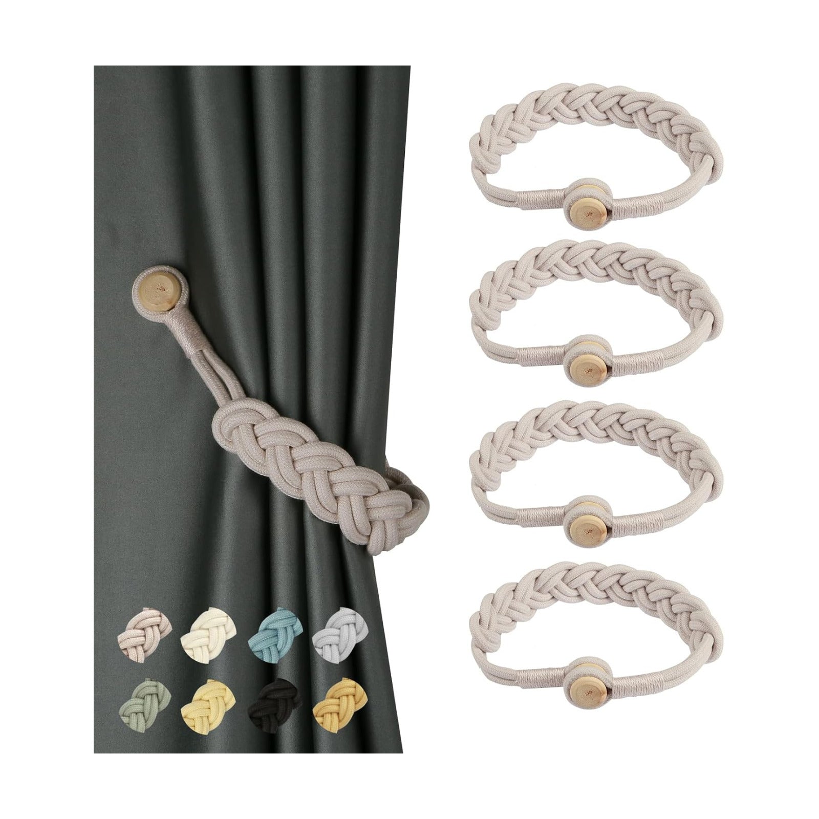 BEL AVENIR Curtain Tiebacks Magnetic 4 Pack Woven Drapery Holdback | Handmade Curtain Ties, No Drill, for Outdoor