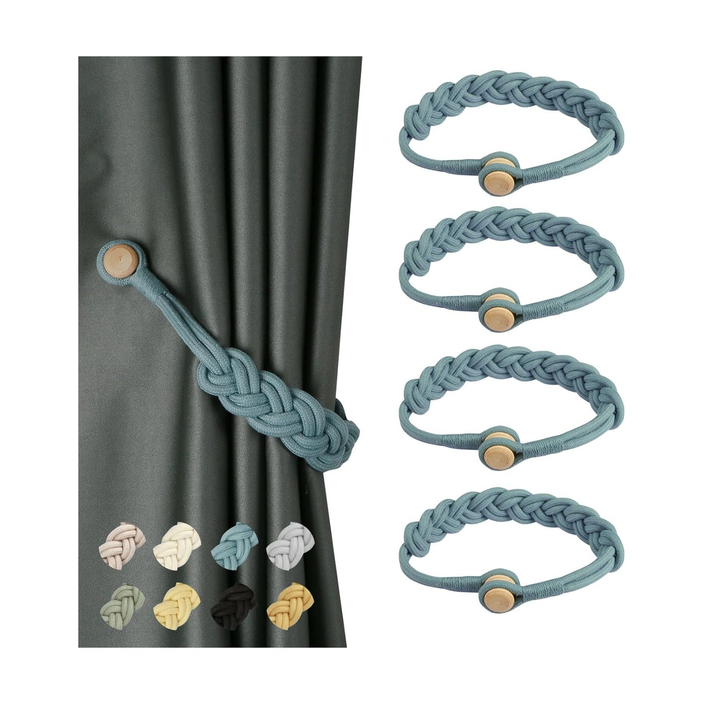 BEL AVENIR Curtain Tiebacks Magnetic 4 Pack Woven Drapery Holdback | Handmade Curtain Ties, No Drill, for Outdoor