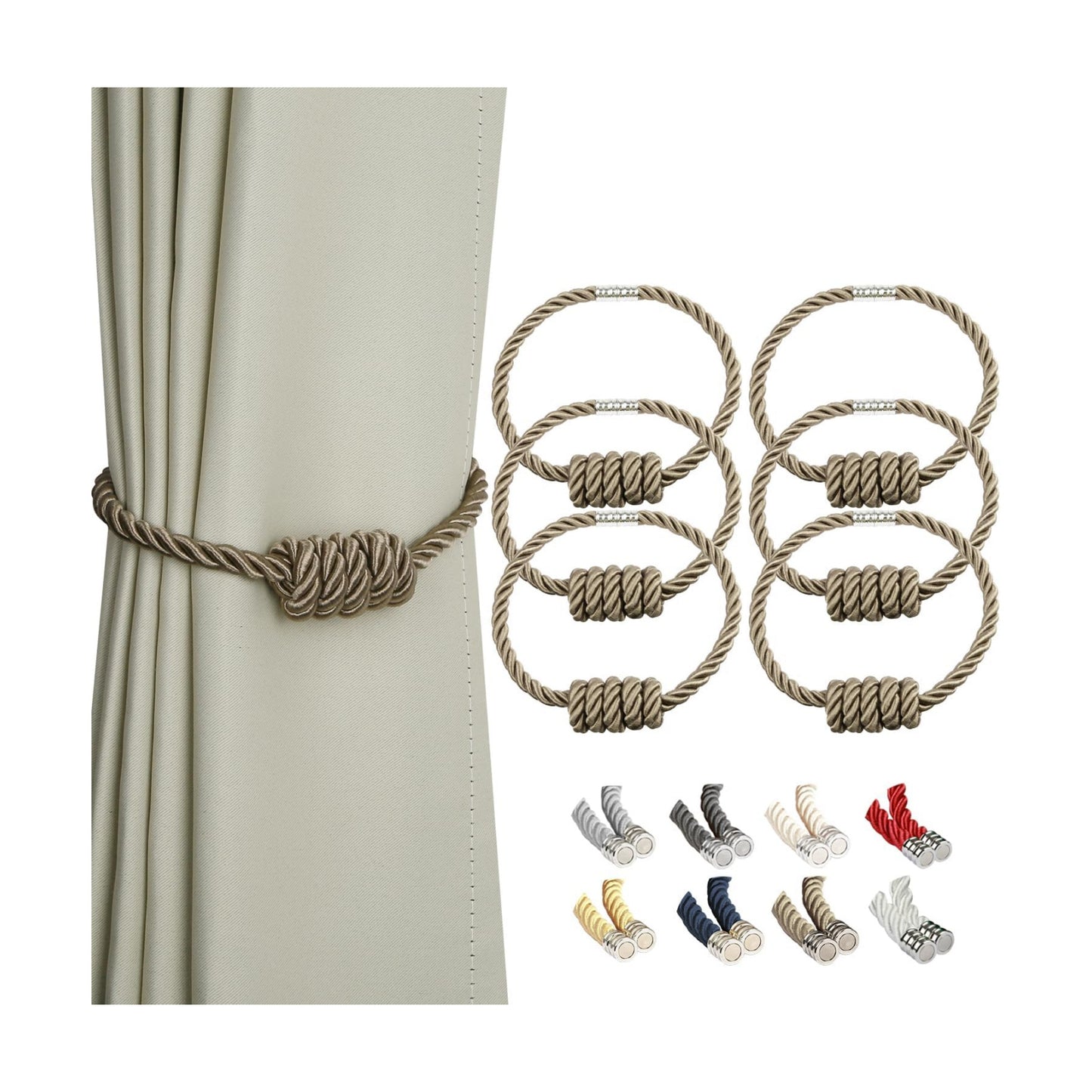 BEL AVENIR Magnetic Curtain Tiebacks 6 Pack Hand-Woven Curtain Ties | Flaxen Decorative Curtain Holdbacks Bohemian