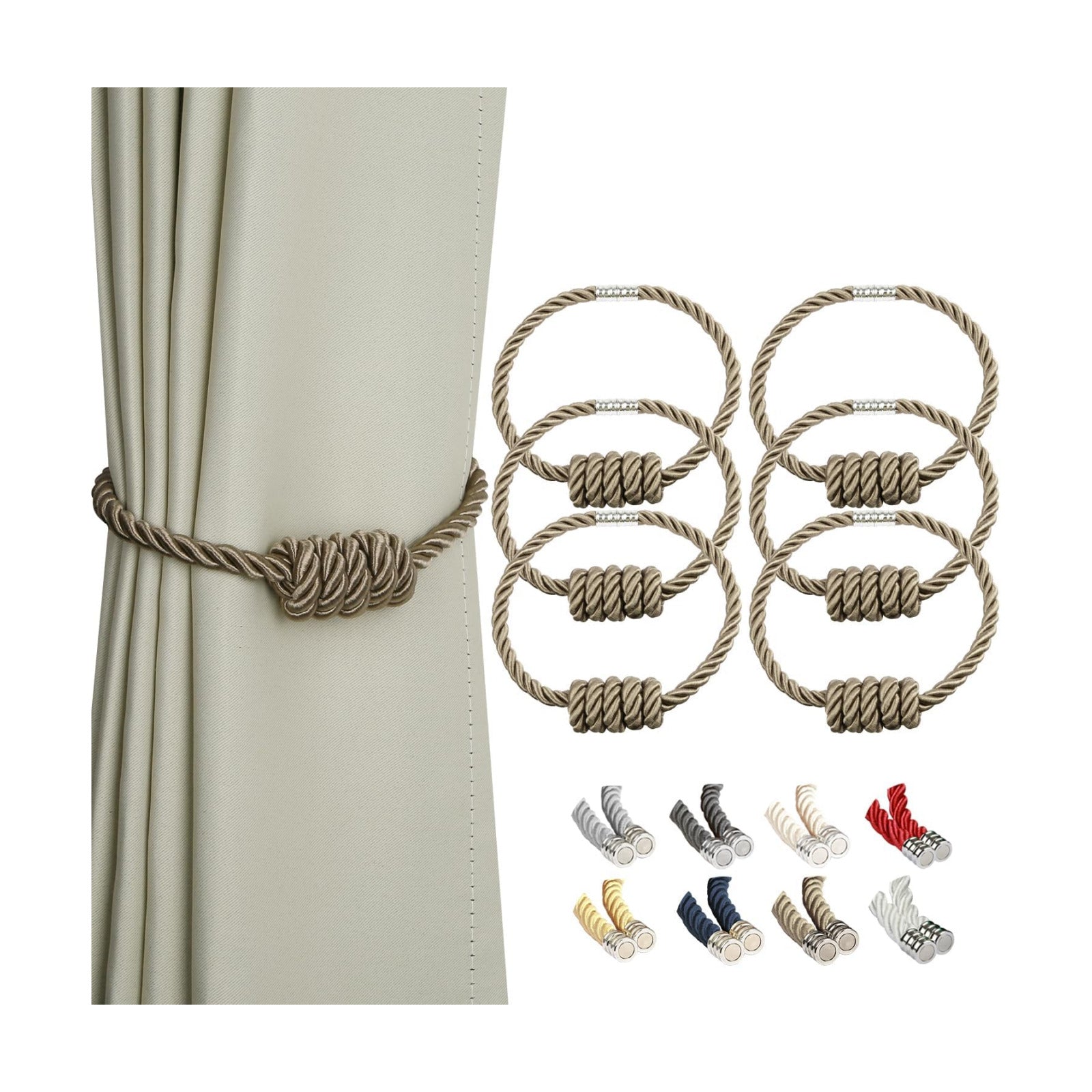 BEL AVENIR Magnetic Curtain Tiebacks 6 Pack Hand-Woven Curtain Ties | Flaxen Decorative Curtain Holdbacks Bohemian