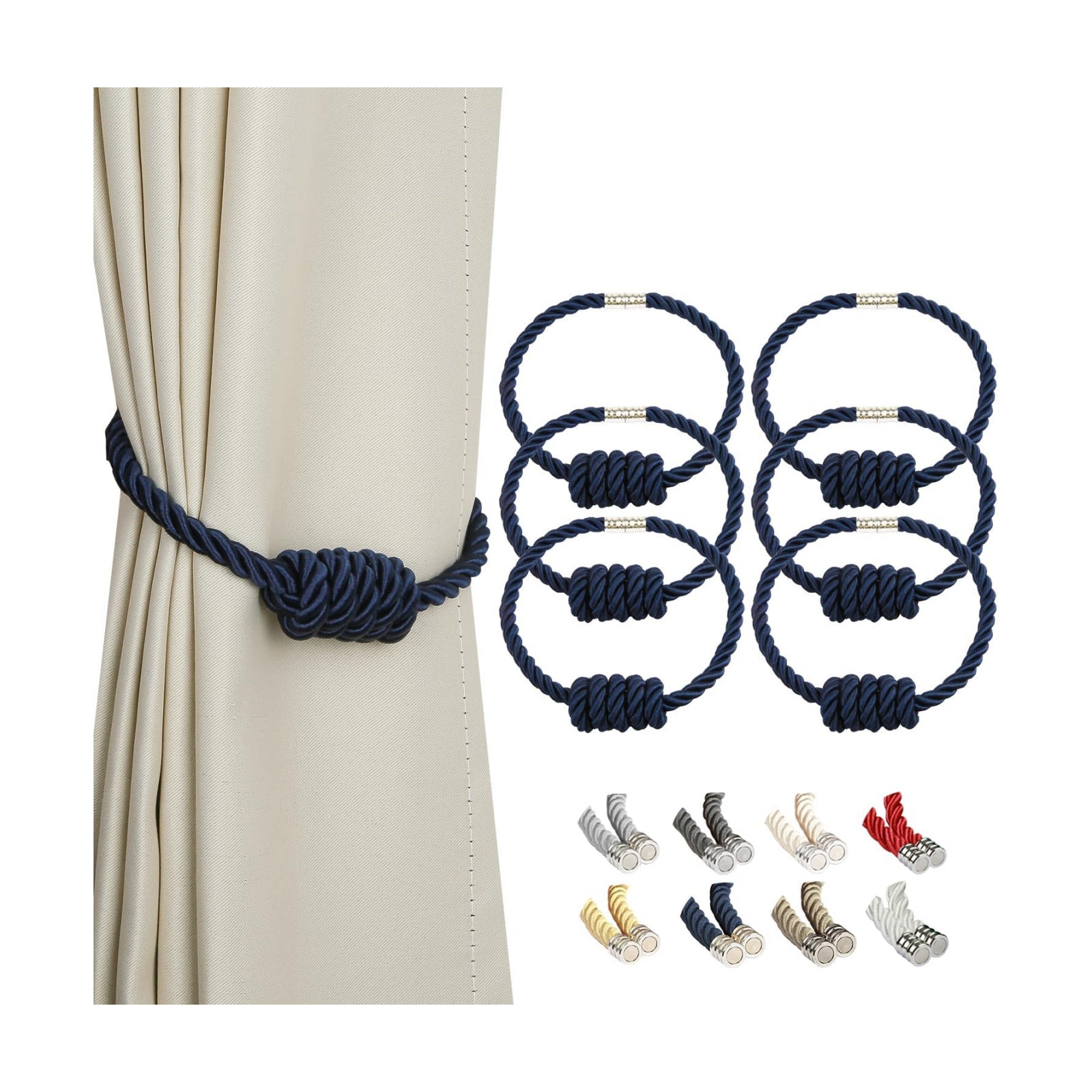 BEL AVENIR Magnetic Curtain Tiebacks 6 Pack Hand-Woven Curtain Ties | Navy Decorative Curtain Holdbacks Bohemian Style