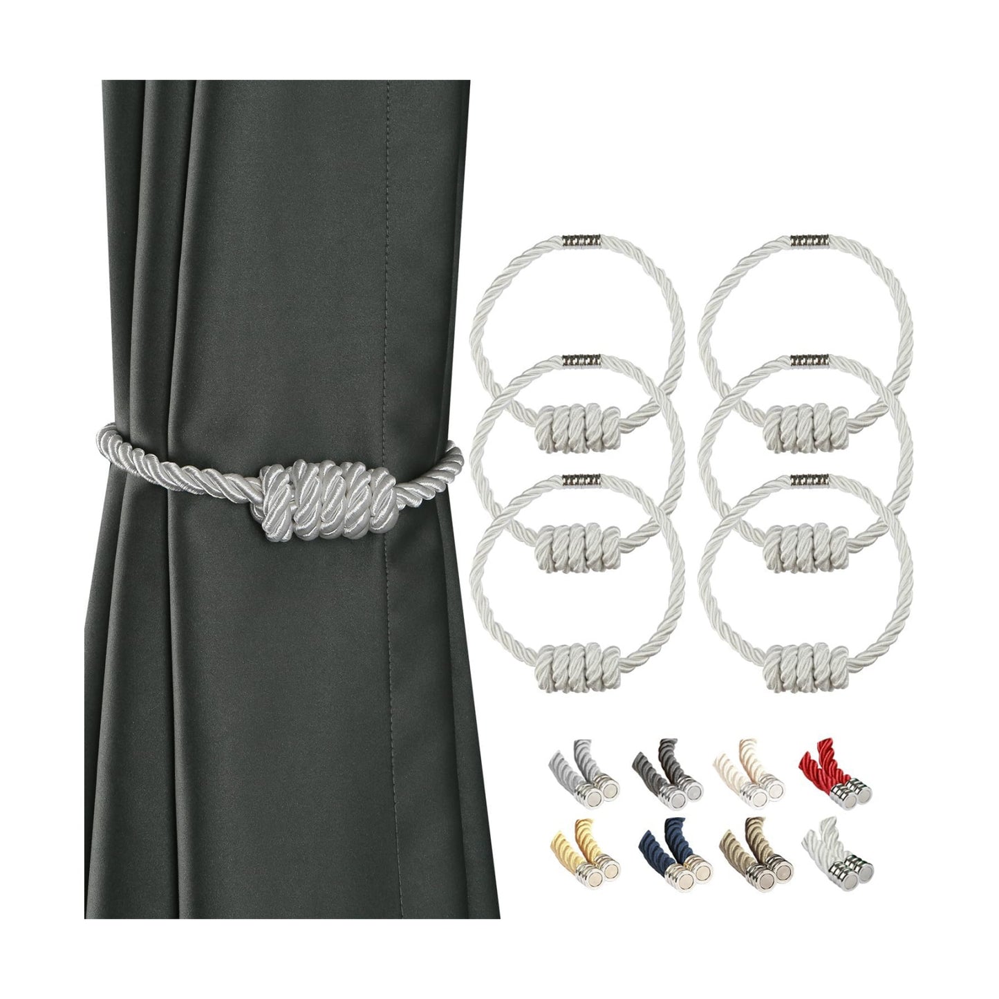 BEL AVENIR Magnetic Curtain Tiebacks 6 Pack Hand-Woven Curtain Ties | White Decorative Curtain Holdbacks Bohemian Style