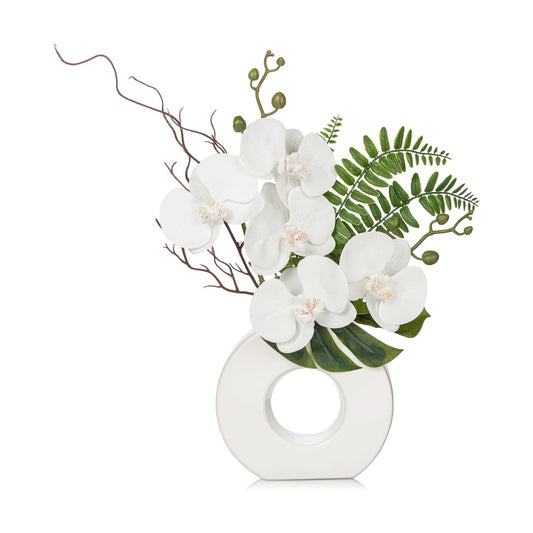 Ceramic Vase Faux Orchid Arrangement / White