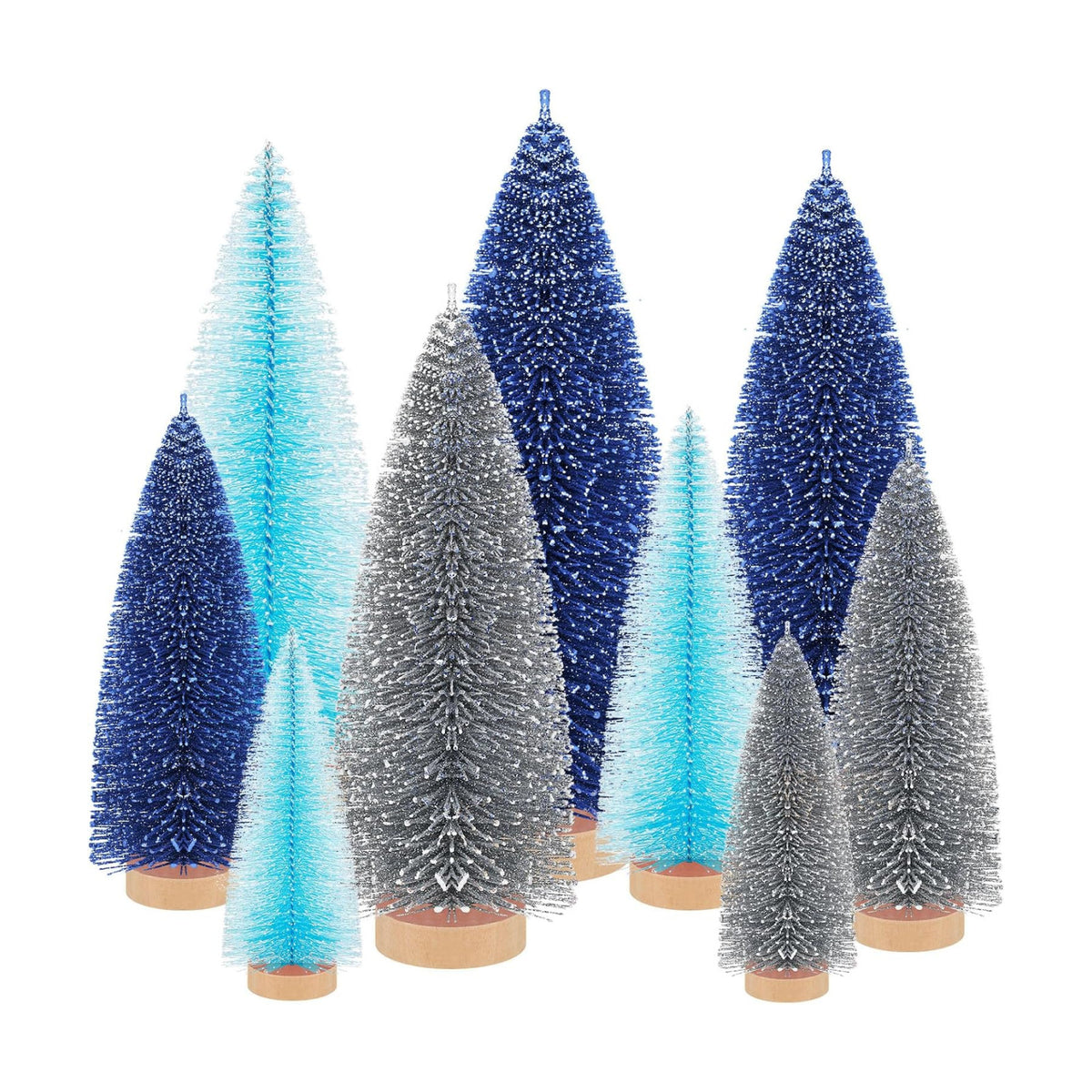 Leyndo 9 Pcs Blue Classic Artificial Mini Christmas Tree with Wood Base