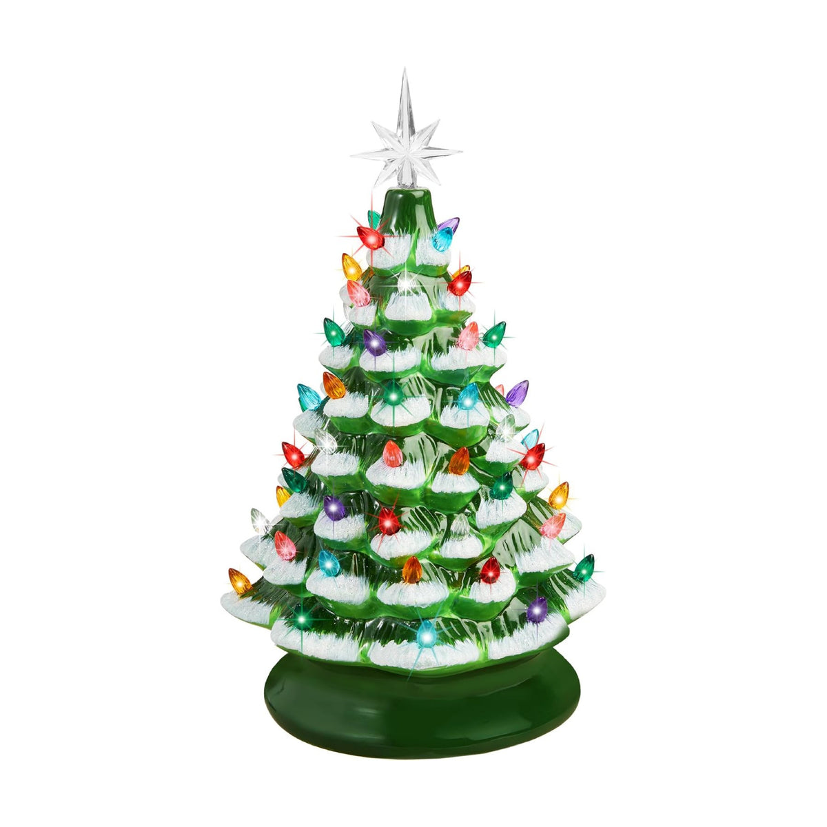 Best Choice Products 15in Ceramic Christmas Tree, Pre-lit Hand-Painted Tabletop Holiday Tree, 2 Star Toppers, 64 Lights - Flocked w/Multicolored Bulbs