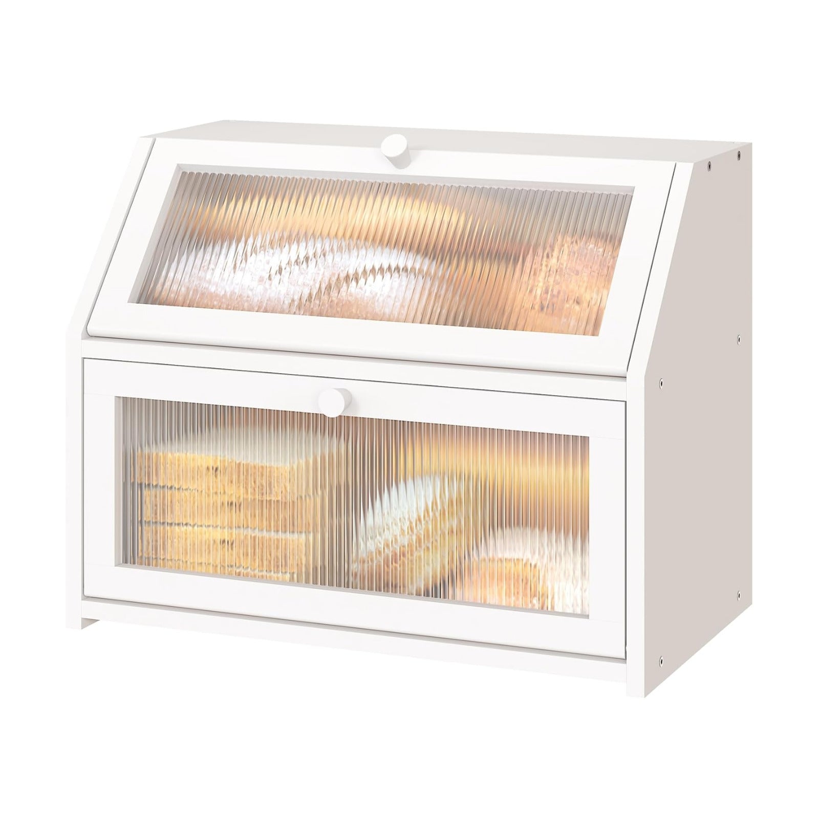 White Bread Box for Kitchen Counter, Large Bamboo Wood Double Layer Bread Box, Wooden Bread Storage Capacity