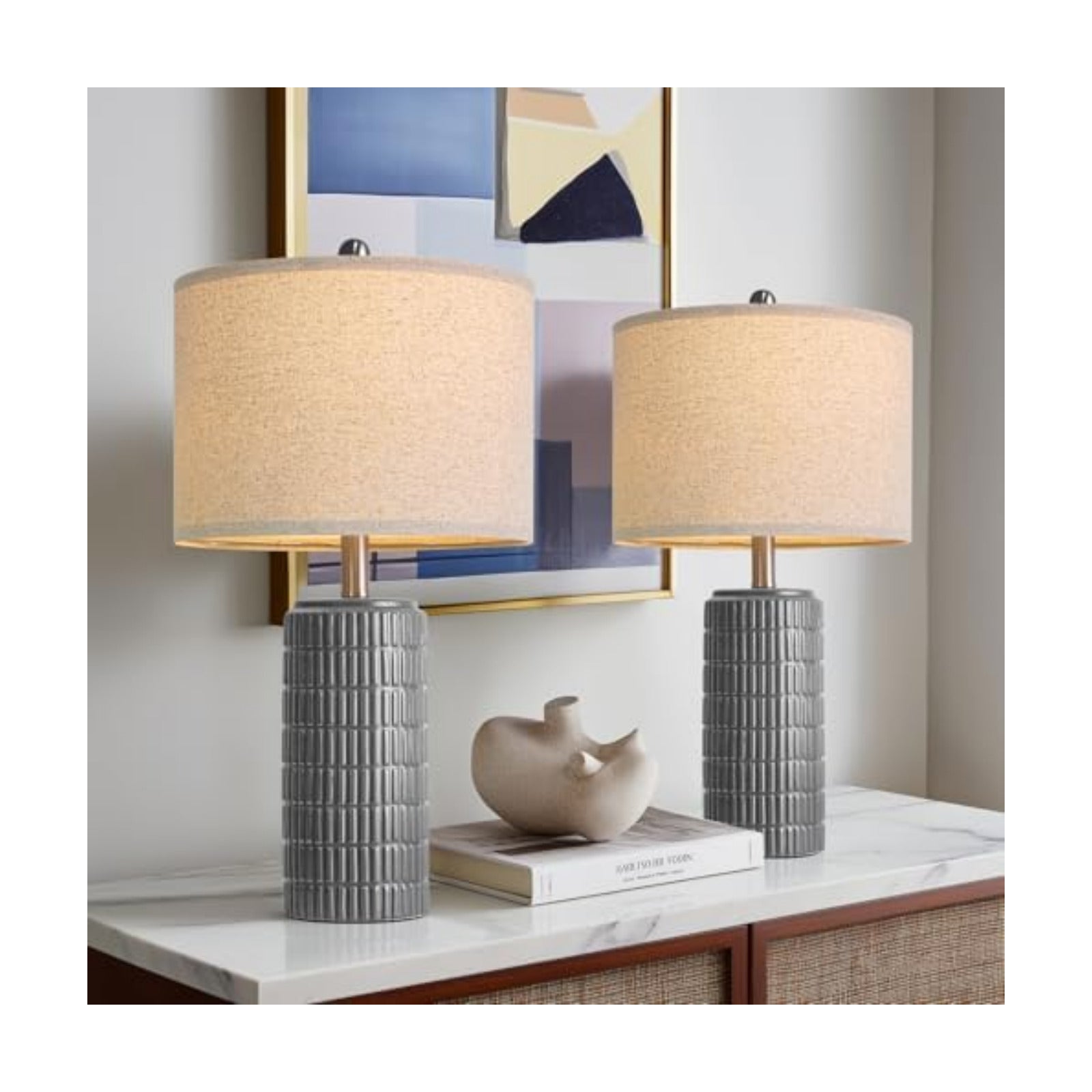 PoKat 23" Ceramic Dark Gray Table Lamps Set of 2 for Living Room, Modern Bedside Lamps for Bedroom, Farmhouse