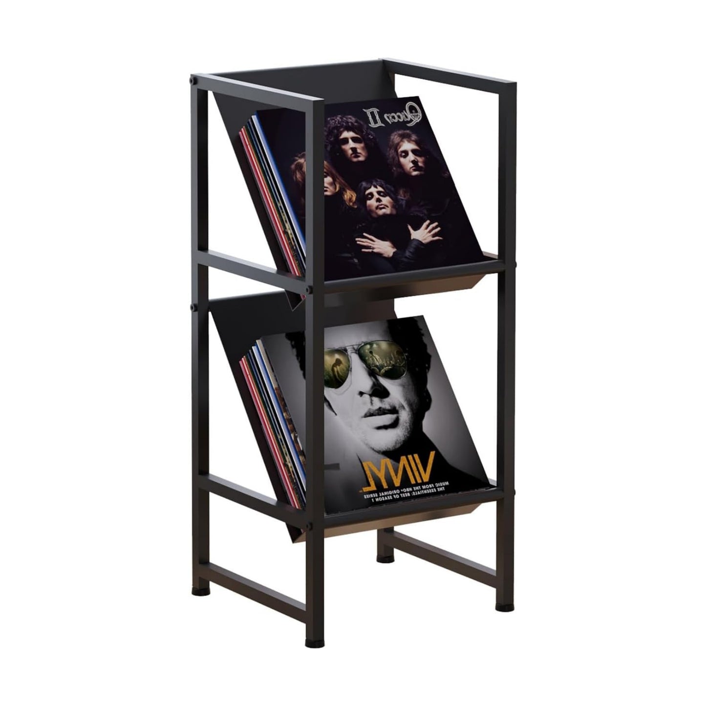2-Tier Black Metal Vinyl Record Storage Holder for Collection | Conceptual Design, Sturdy Black Metal Frame, 2-Tier