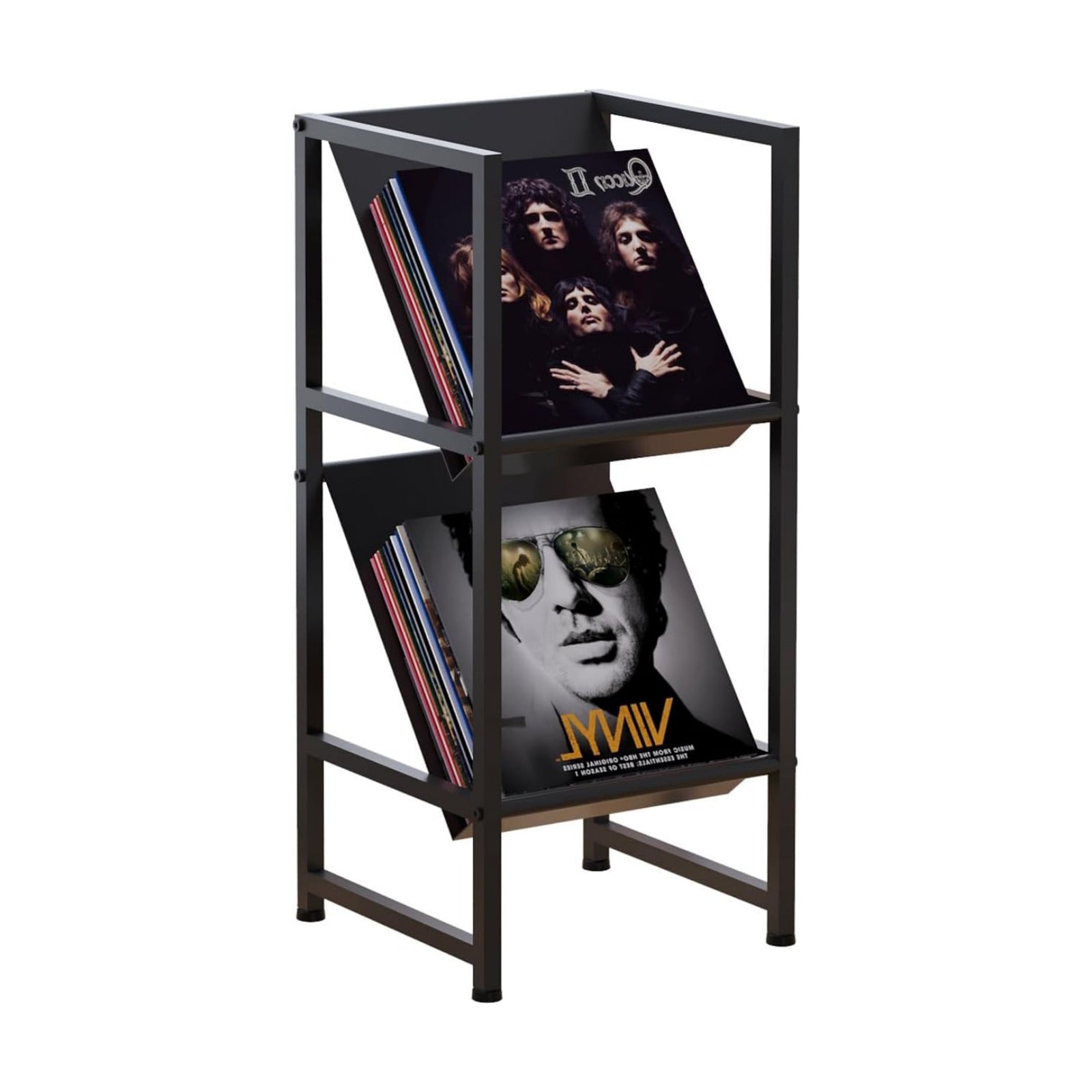 2-Tier Black Metal Vinyl Record Storage Holder for Collection | Conceptual Design, Sturdy Black Metal Frame, 2-Tier