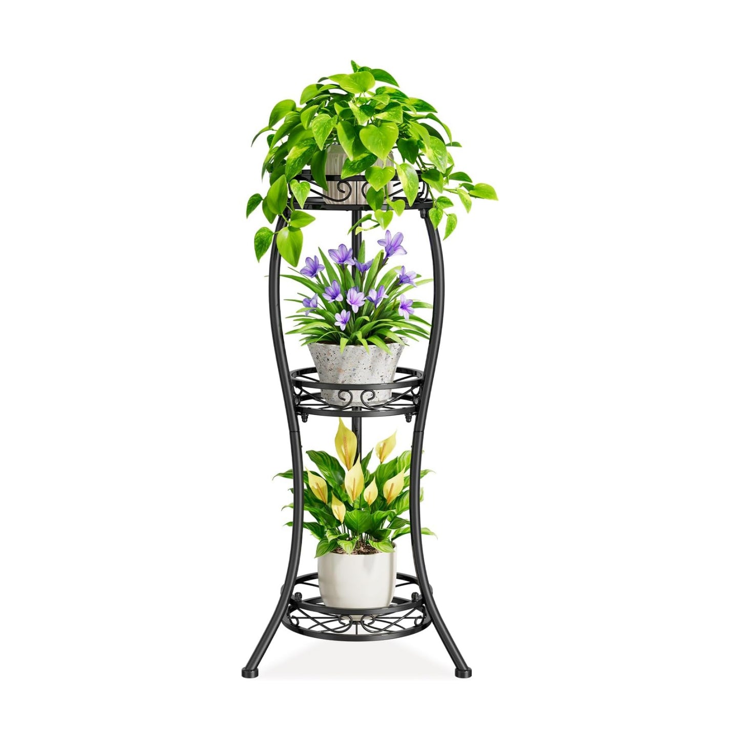 iDavosic.ly 3 Tier Metal Plant Stand Outdoor Indoor, 34 Inch Tall, Black | Corner Flower Pot Holder Shelf, Wrought Iron