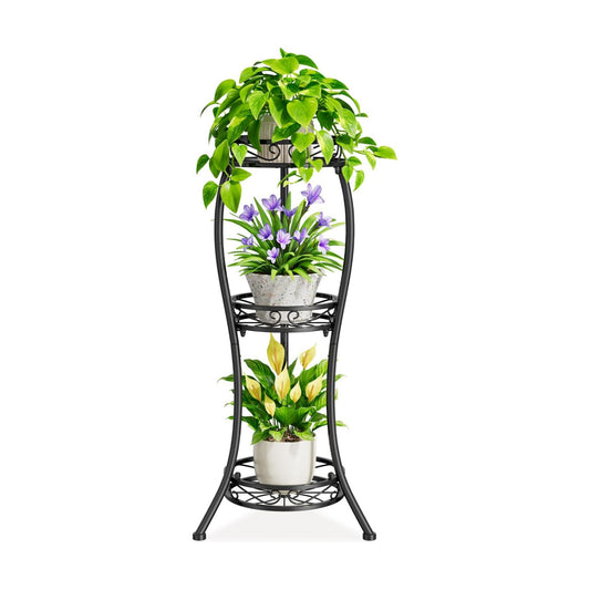 iDavosic.ly 3 Tier Metal Plant Stand Outdoor Indoor, 34 Inch Tall, Black | Corner Flower Pot Holder Shelf, Wrought Iron