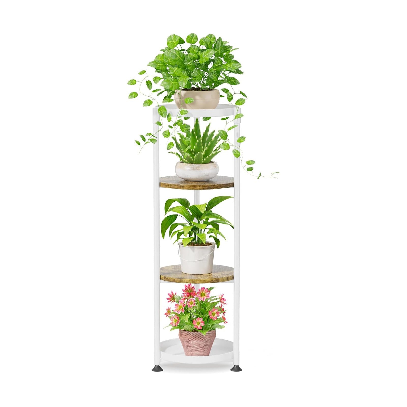 iDavosic.ly 4 Tier Corner Metal Plant Stand Indoor, 45 In Tall, White Brown | Vertical Outdoor Flower Display Holder