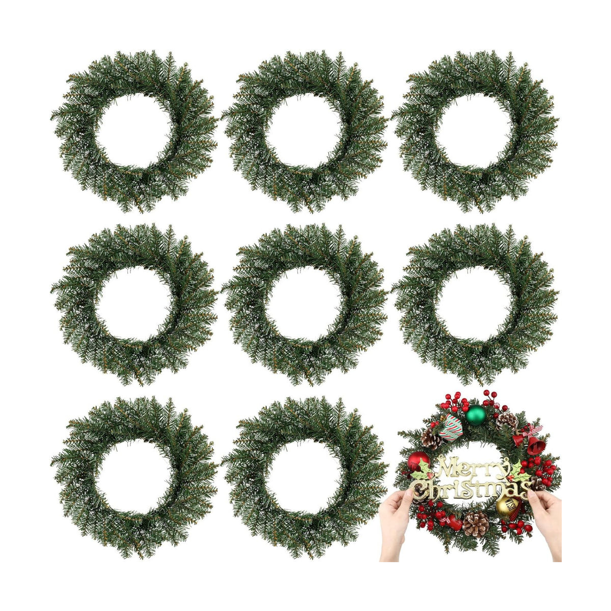 Zeyune 8 Pcs 14" Christmas DIY Green Wreath Artificial Faux Wreath, Fresh