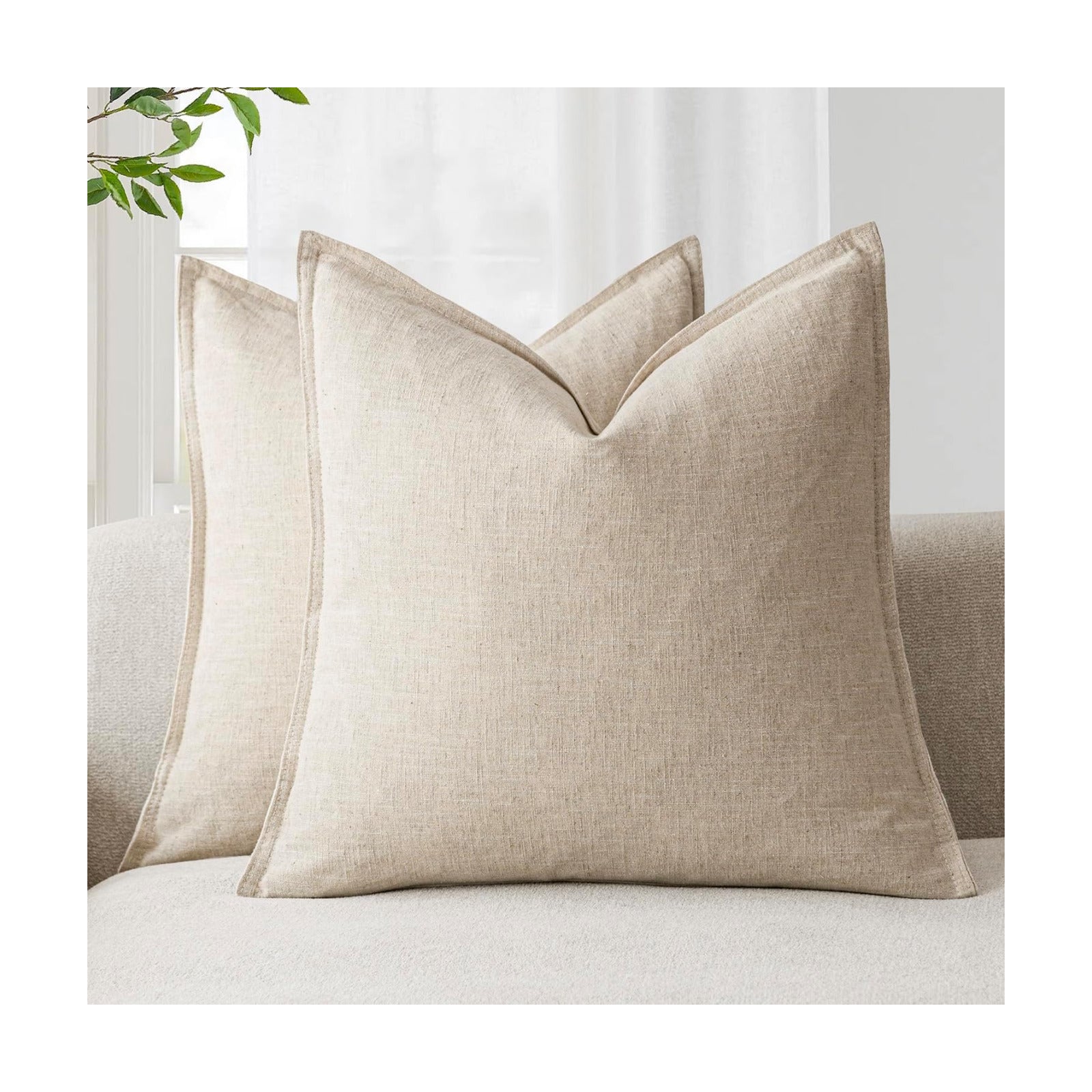 Decorative Linen Soild Throw Pillow Covers Soft Accent Cushion / 18 x 18 / Natural Beige / Set of 2