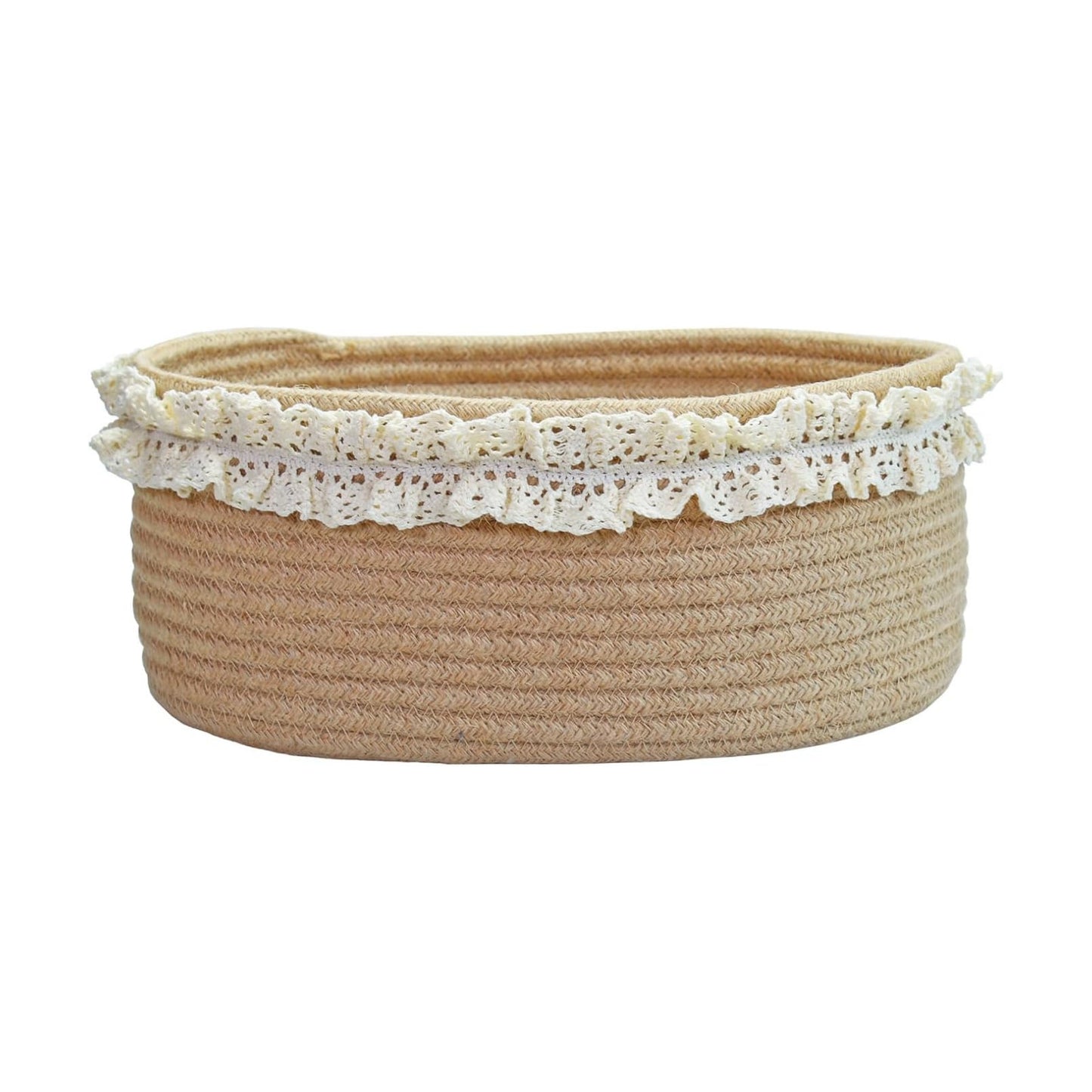 Decorative Jute Woven Basket for Nursery / Brown with Lace / 12 x 8 x 5 / Oval
