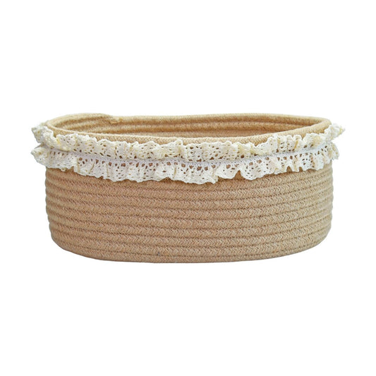 Decorative Jute Woven Basket for Nursery / Brown with Lace / 12 x 8 x 5 / Oval