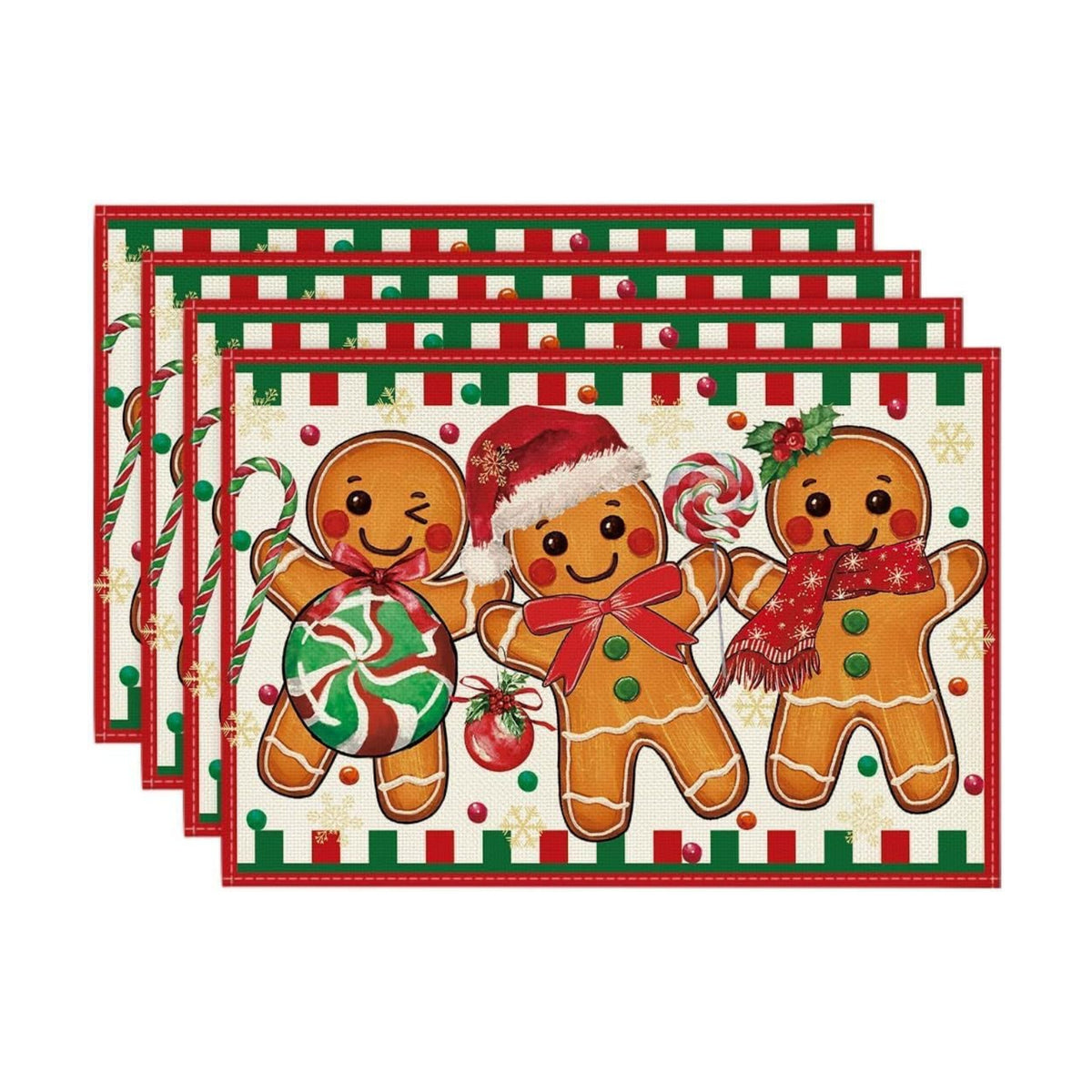 Artoid Mode Gingerbread Candy Cane Christmas Placemats Set of 4, 12x18 Inch Seasonal Table Mats for Party Kitchen Dining Decoration