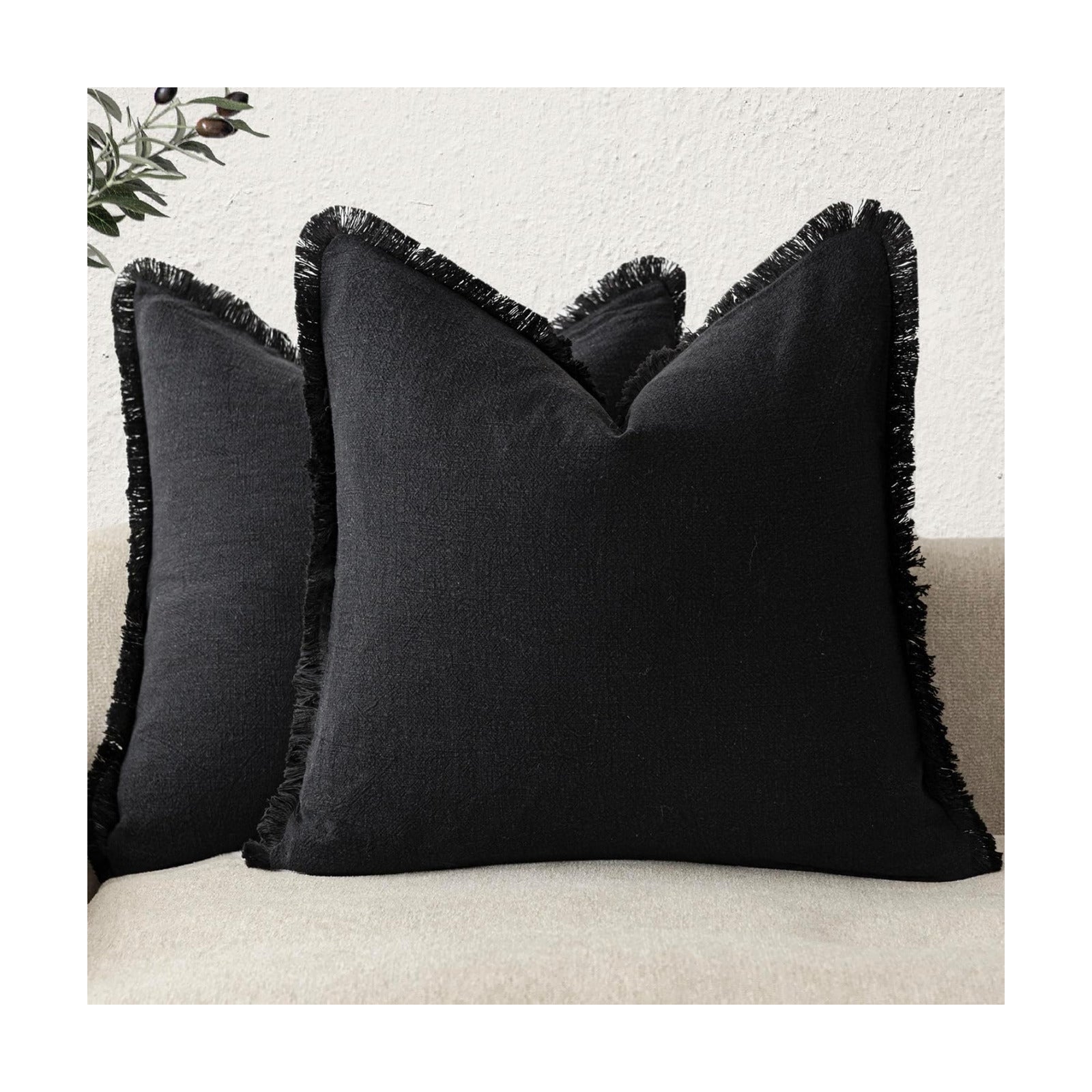 Decorative Linen Fringe Throw Pillow Covers Boho Farmhouse Cushion / 18 x 18 / Black / Set of 2