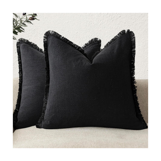 Decorative Linen Fringe Throw Pillow Covers Boho Farmhouse Cushion / 18 x 18 / Black / Set of 2