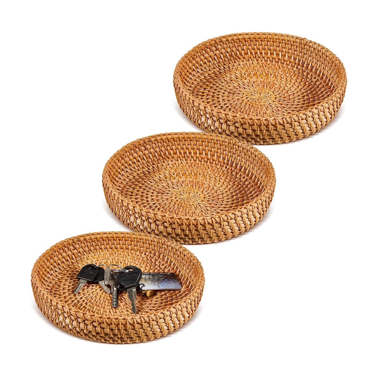 Small Basket for Entryway Table Woven Wicker Key Bowl Basket Rattan Tray / Brown / Round / Set of 3