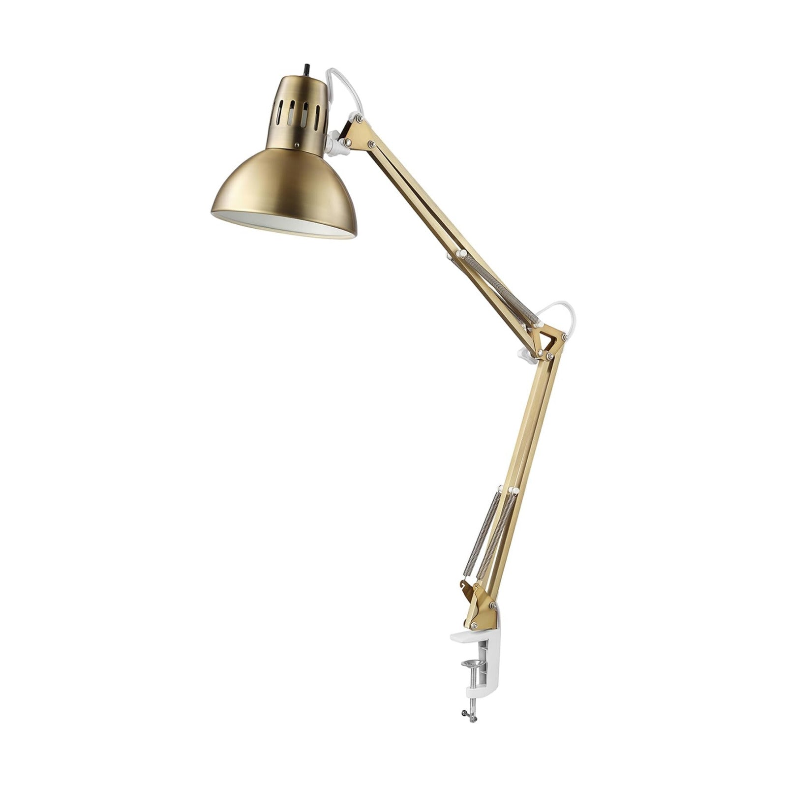Globe Electric 62000010 32" Multi-Joint Desk Lamp with Metal Clamp, Matte Brass, White Accents, On/Off Rotary Switch on