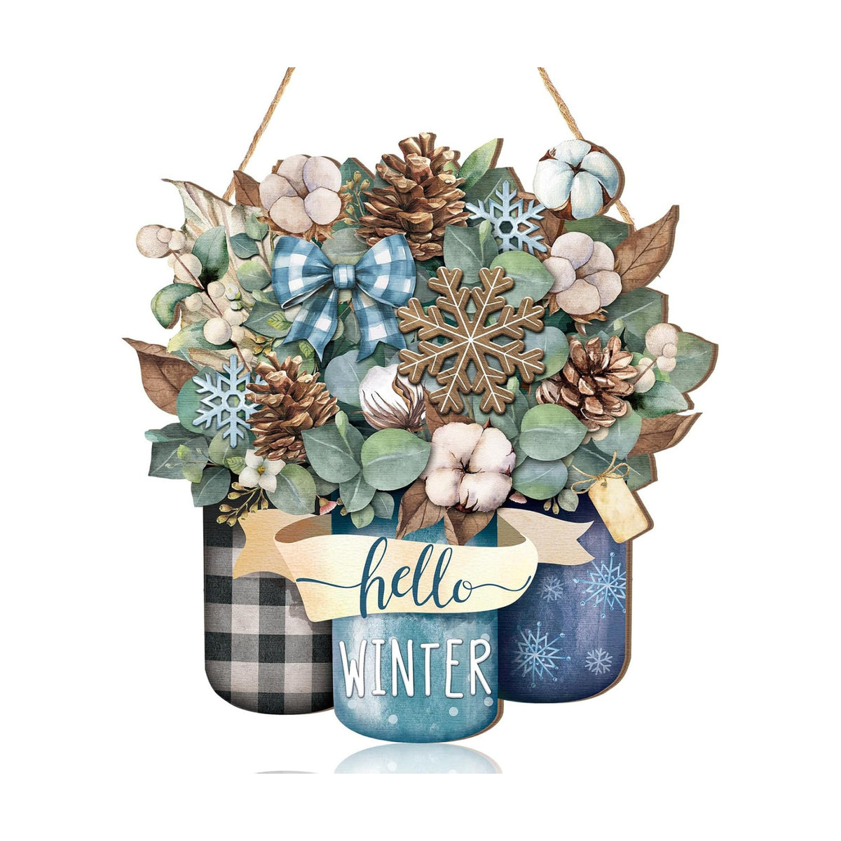 Boao Hello Winter Welcome Door Hanger, Snowflake Wooden Sign Decor