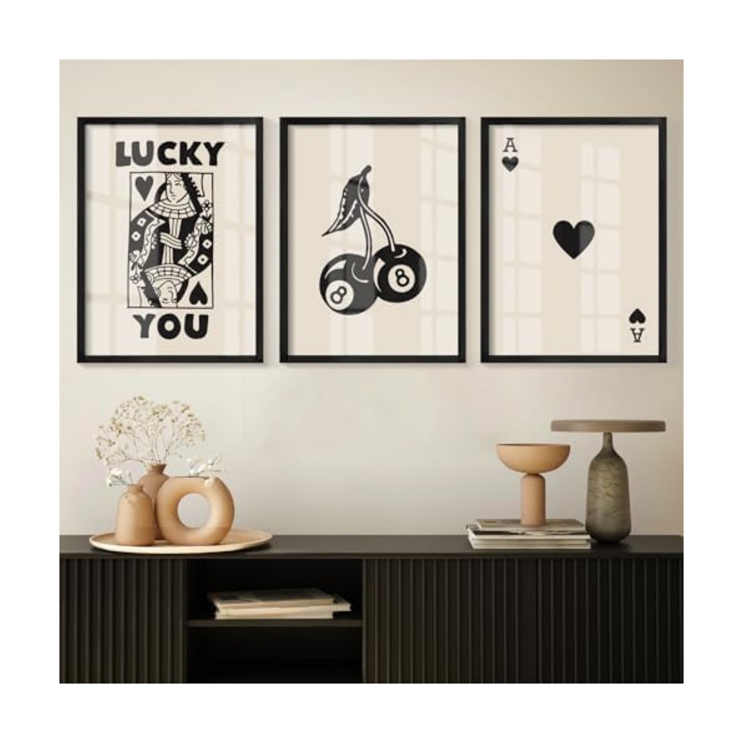 Heiple Framed Set of 3 Poker Wall Art Lucky You Poster, Trendy Retro Print Wall Decor for Queen of Hearts Wall Art