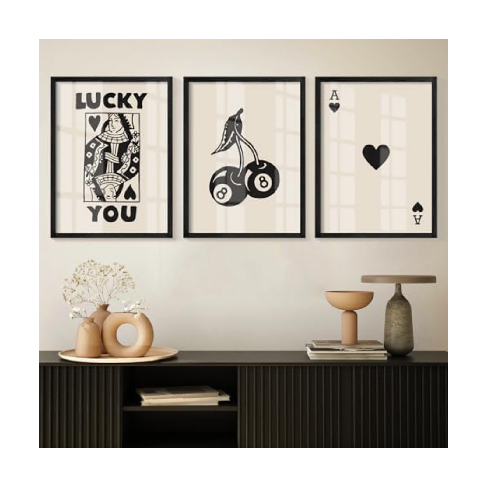Heiple Framed Set of 3 Poker Wall Art Lucky You Poster, Trendy Retro Print Wall Decor for Queen of Hearts Wall Art