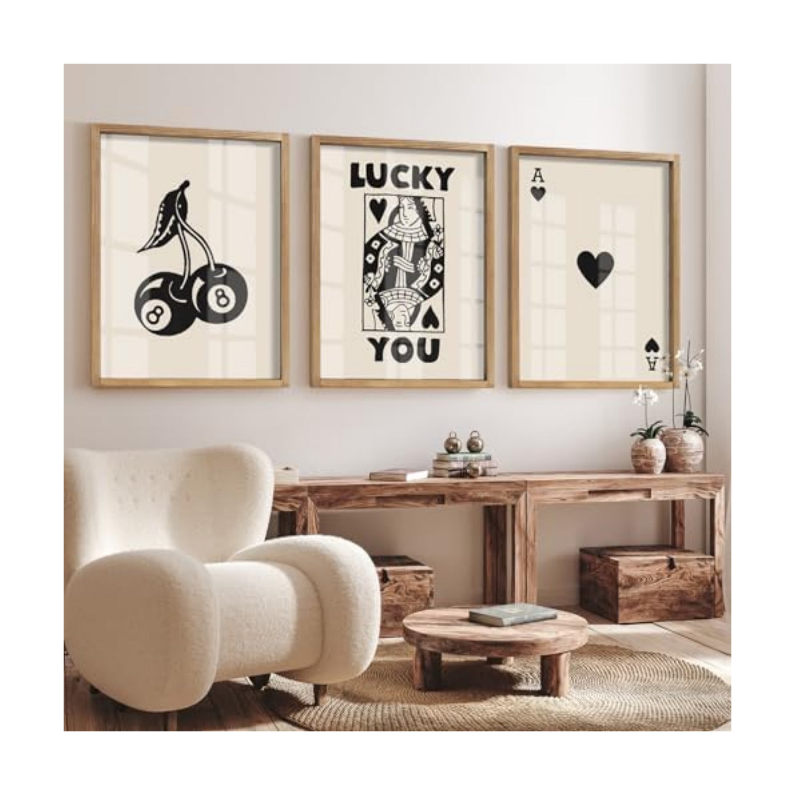 Heiple Framed Set of 3 Poker Wall Art Lucky You Poster, Trendy Retro Print Wall Decor for Queen of Hearts Wall Art