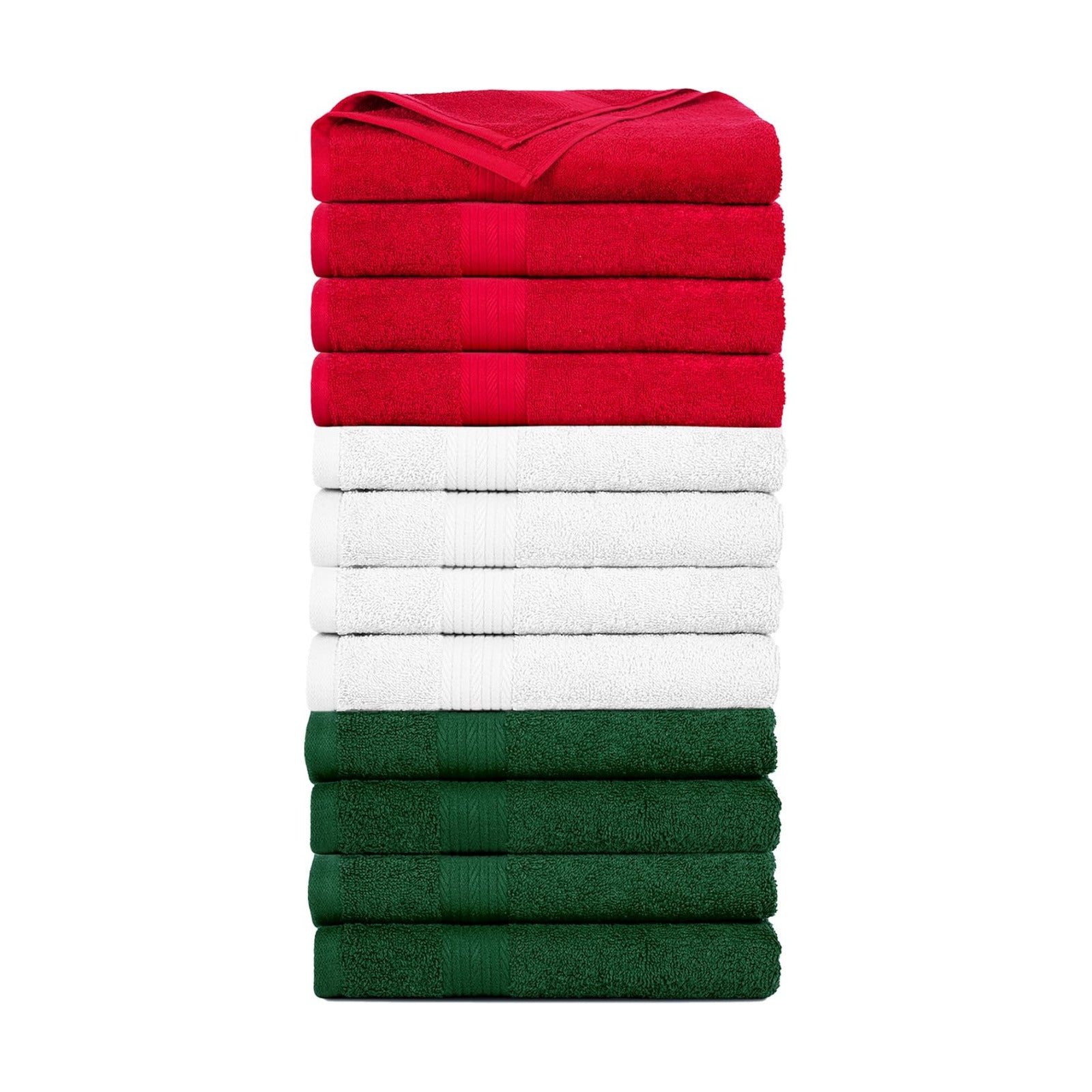 100% Cotton Hand Towels 18x28 Inches, 600 GSM, Soft & Absorbent, Set of 12, White, Red & Green